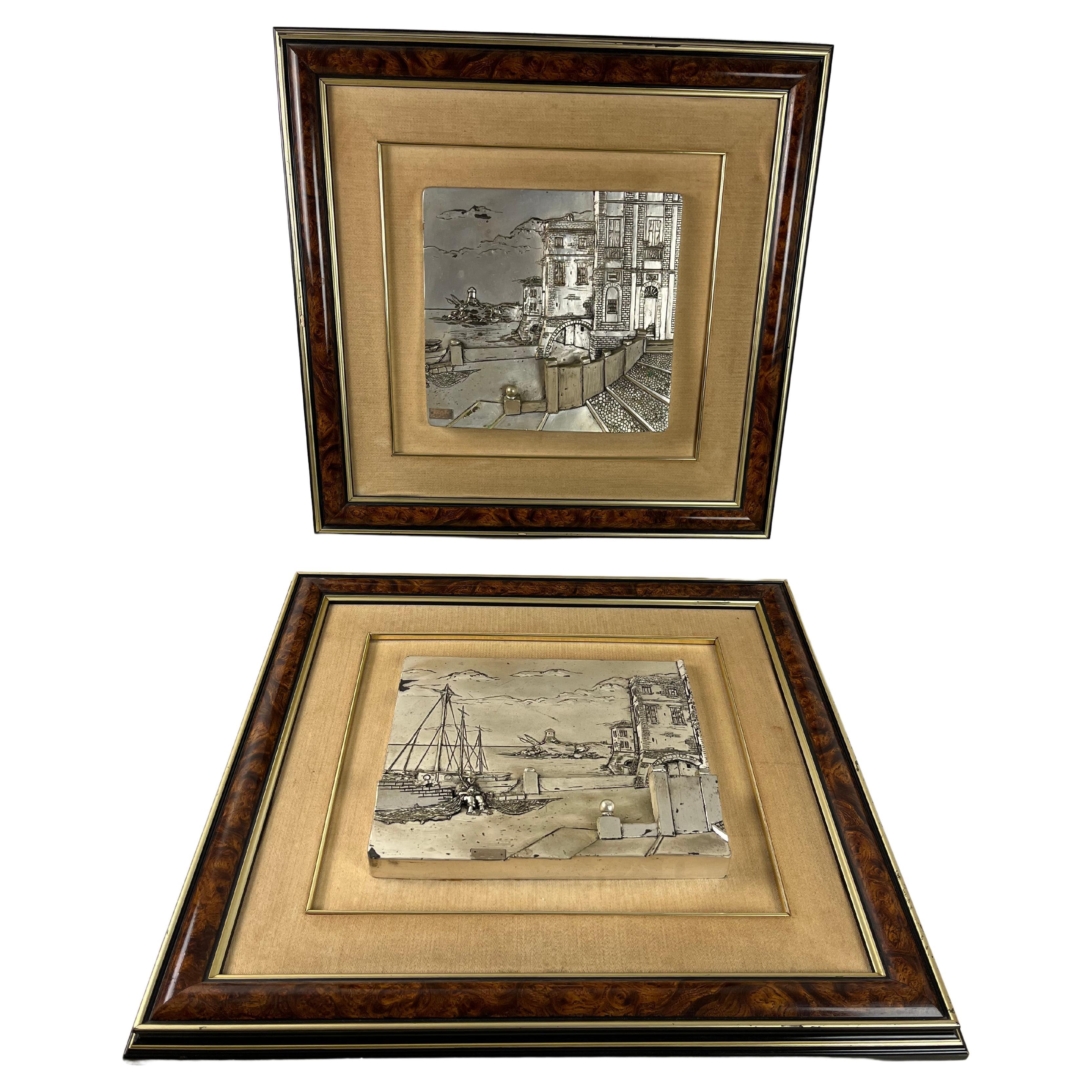 Pair of Three-Dimensional Vintage Patinated Silver Paintings, Italy, 1970s For Sale