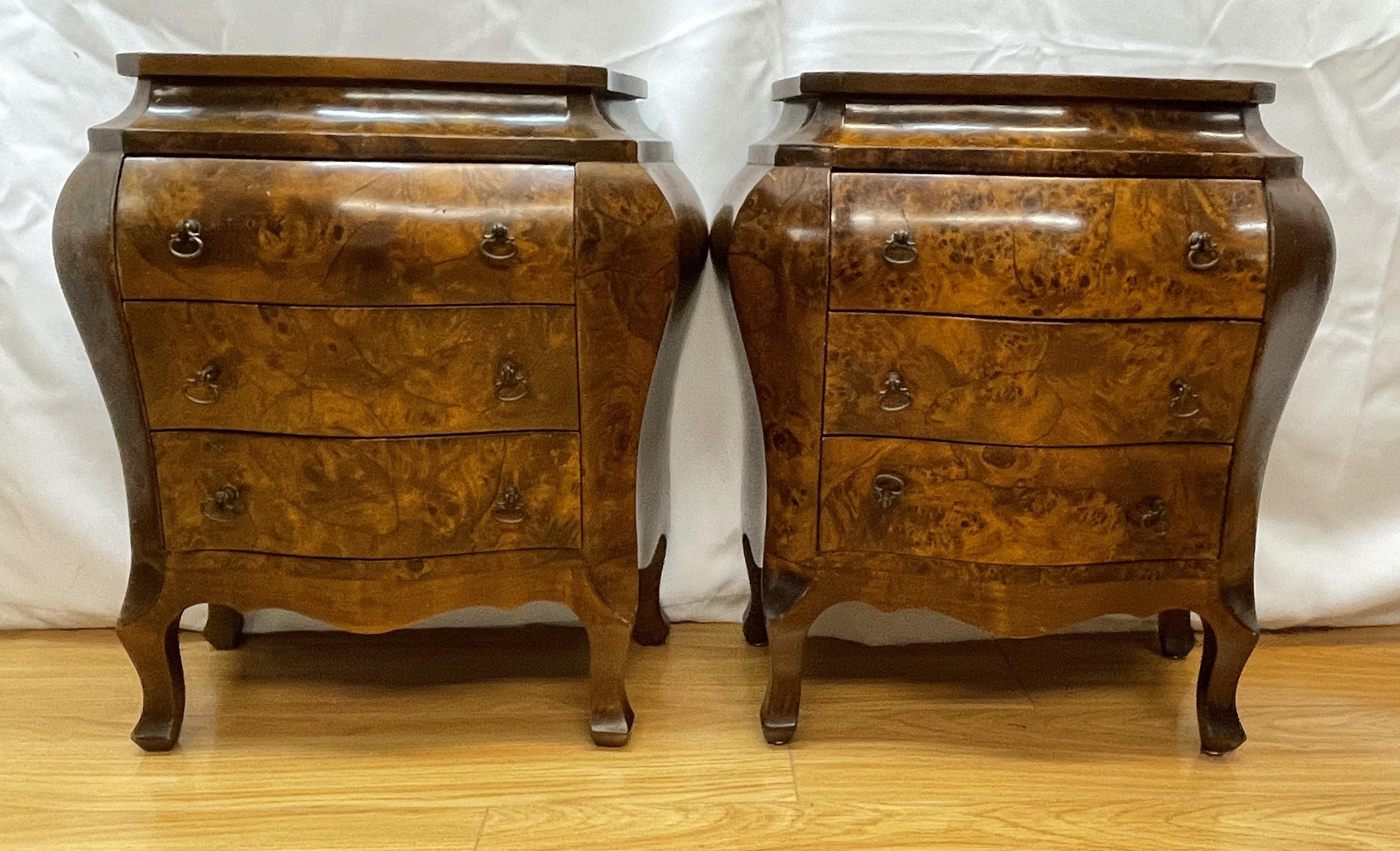 Pair of three draw bombe commodes marked Italy with a maple burled veneer For Sale 7