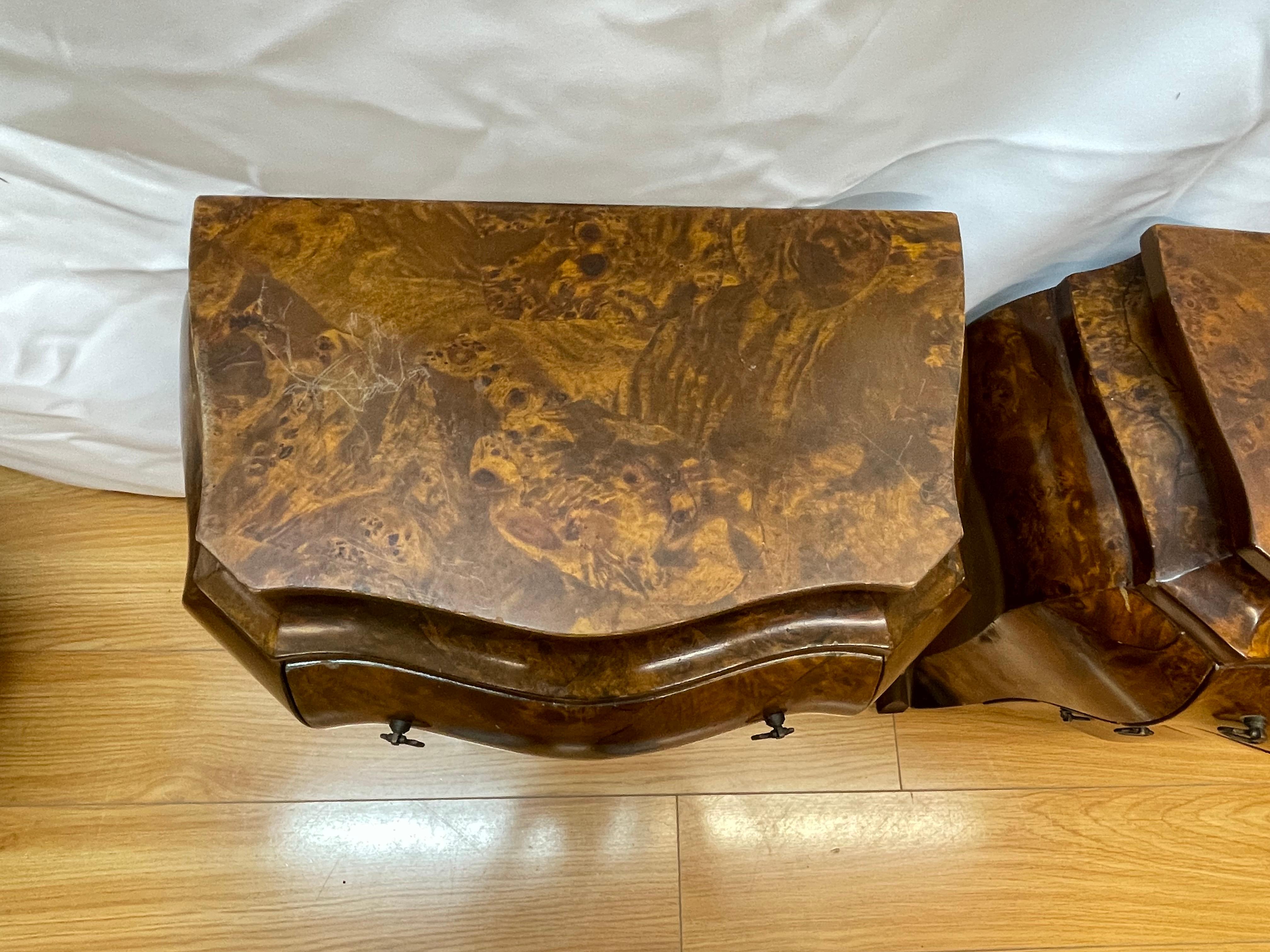 Pair of three draw bombe commodes marked Italy with a maple burled veneer For Sale 8