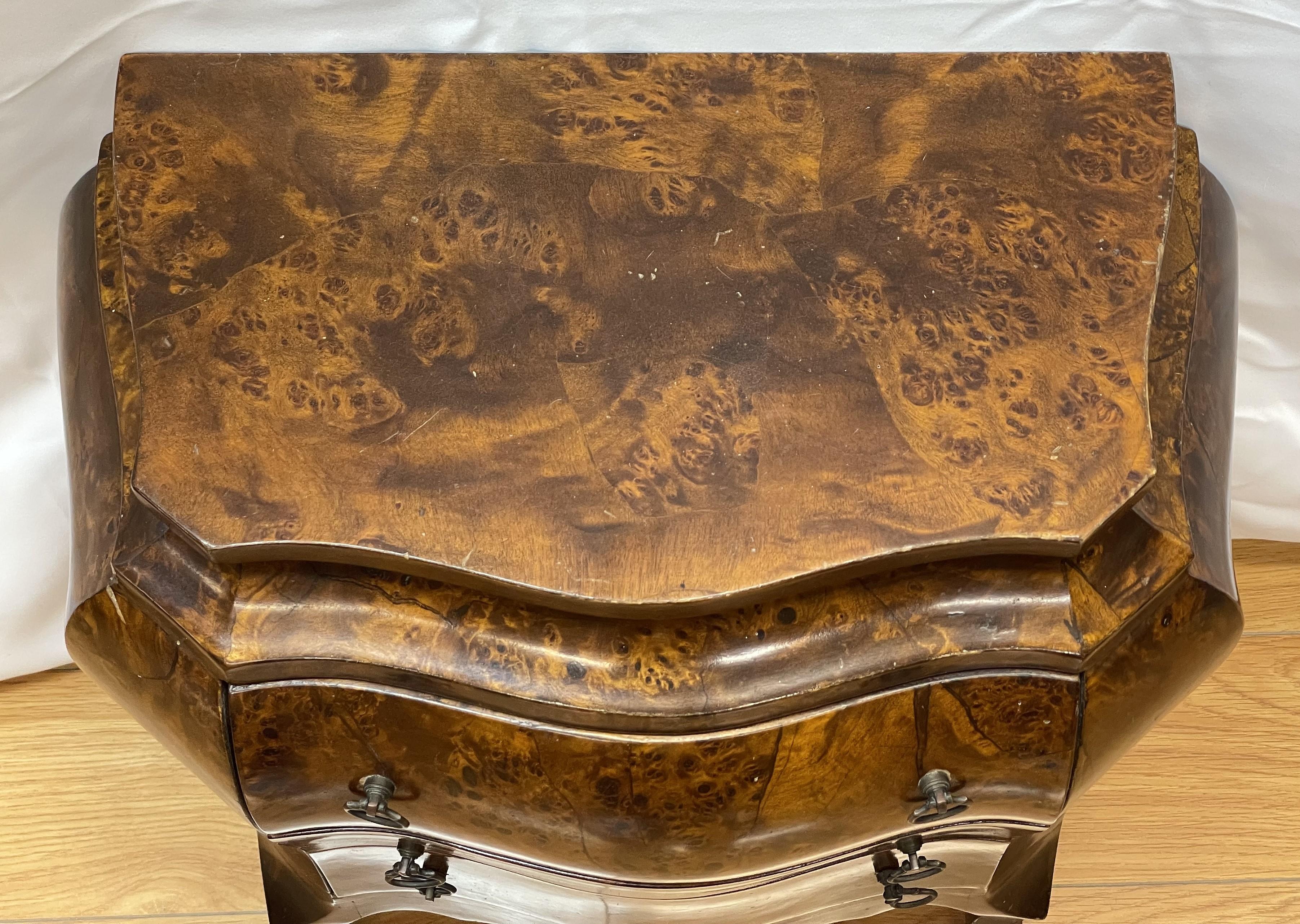 Pair of three draw bombe commodes marked Italy with a maple burled veneer For Sale 3