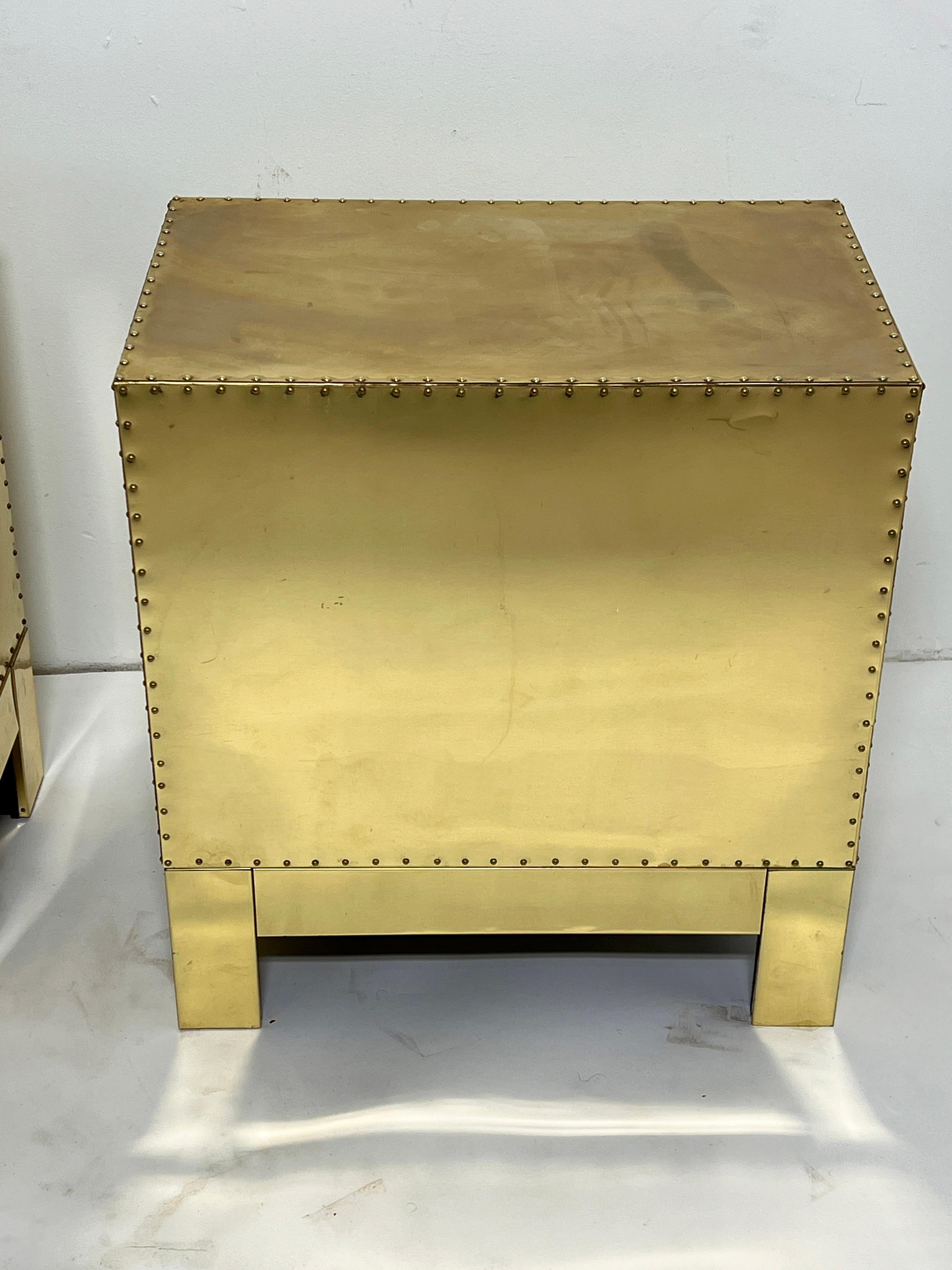 Pair of Three Drawer Brass Clad Chests in Manner of Sarreid, Circa 1970s For Sale 6