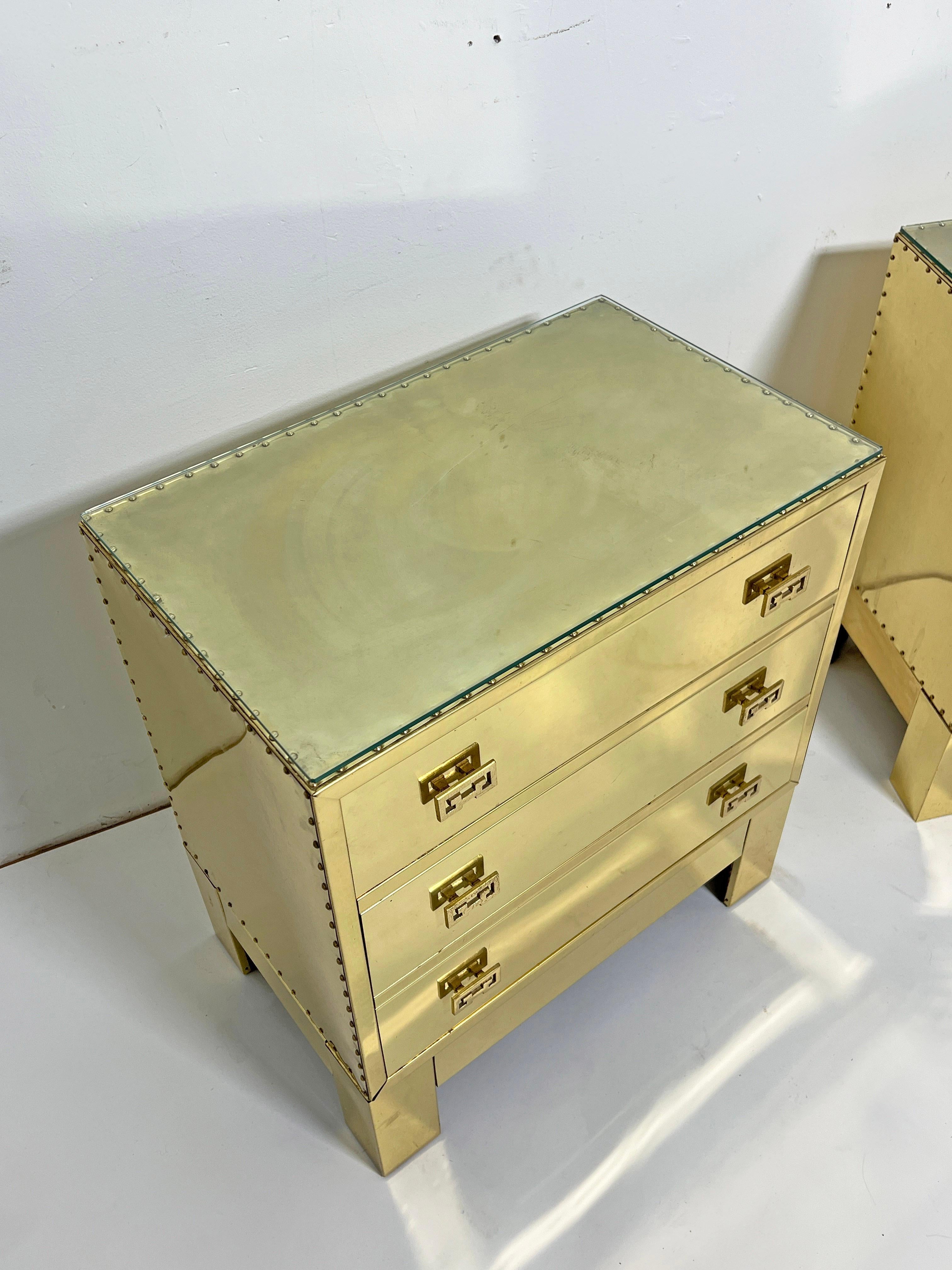Unknown Pair of Three Drawer Brass Clad Chests in Manner of Sarreid, Circa 1970s For Sale