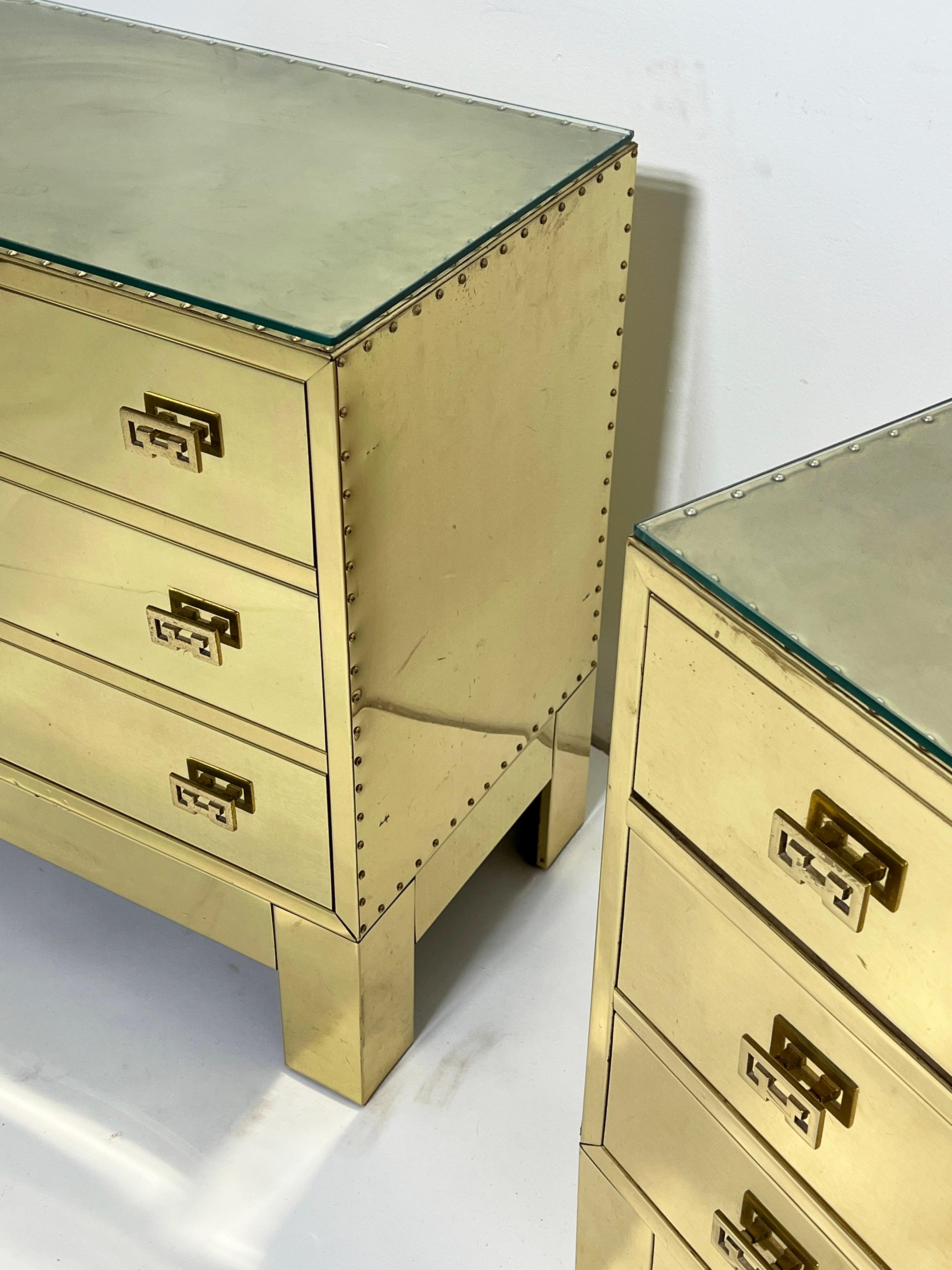 Late 20th Century Pair of Three Drawer Brass Clad Chests in Manner of Sarreid, Circa 1970s For Sale