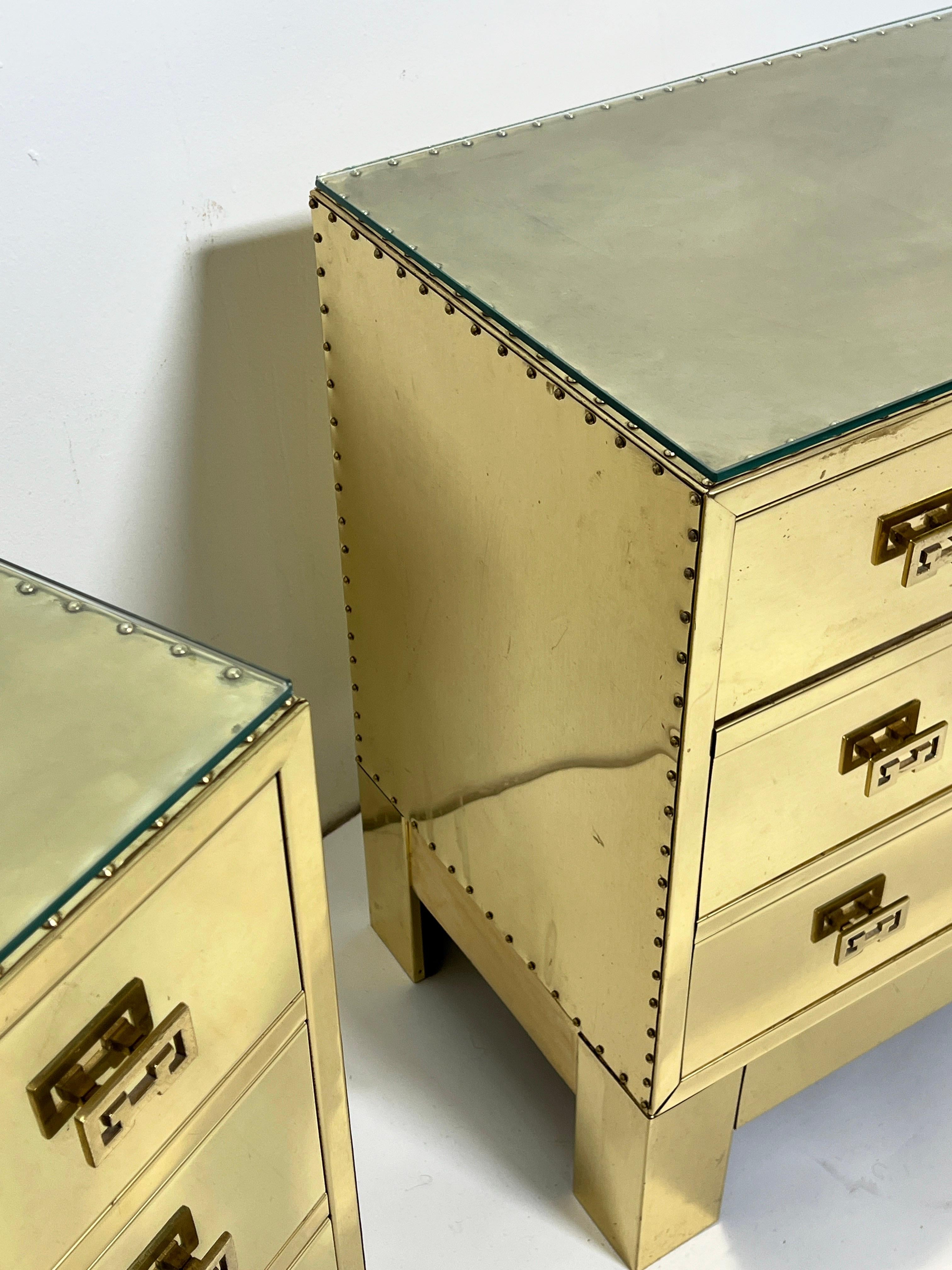 Pair of Three Drawer Brass Clad Chests in Manner of Sarreid, Circa 1970s For Sale 1