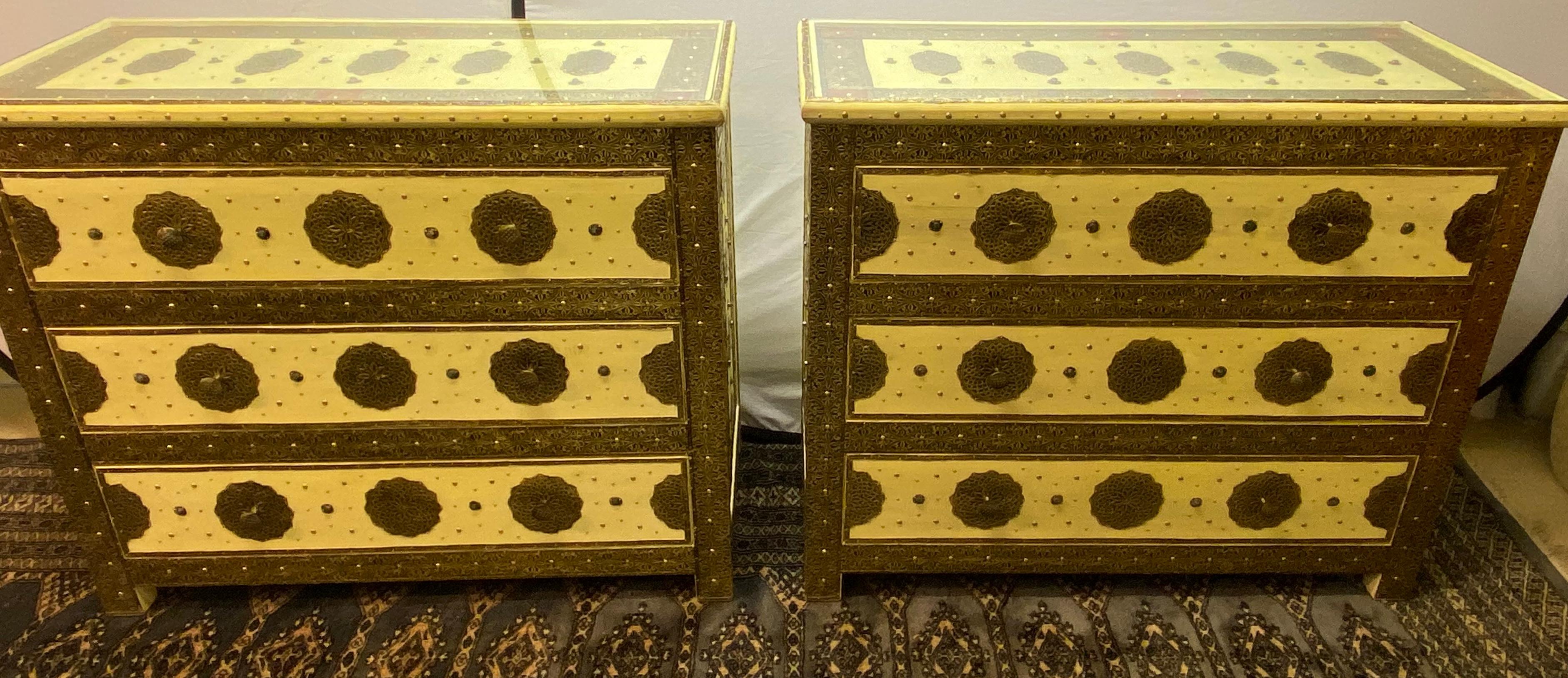 Moroccan Three-Drawer Commodes, Chests or Nightstands in Hollywood Regency Style, a Pair 