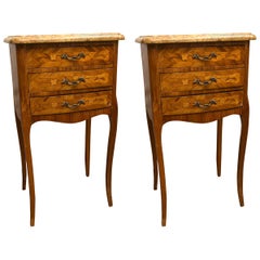 Pair of Three-Drawer Marble-Top Bedside or End Tables