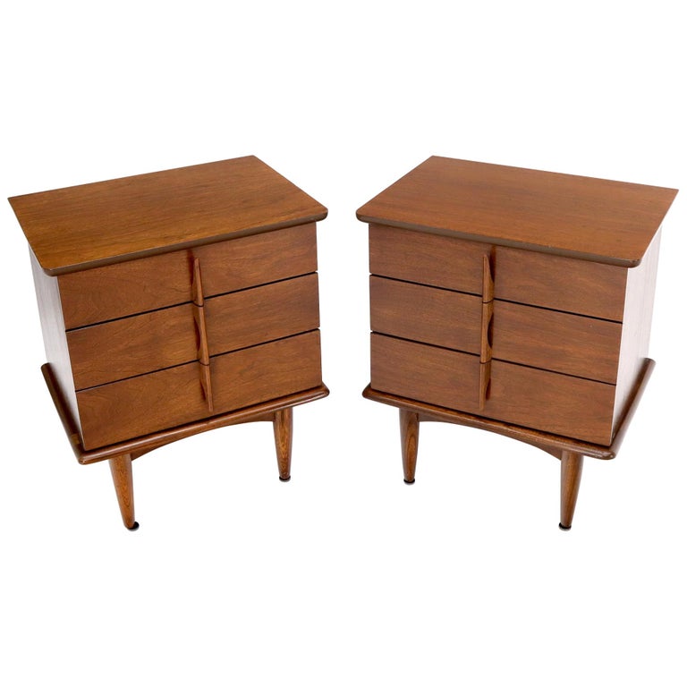 Pair of ThreeDrawer Walnut End Tables Nightstands Small Chests For