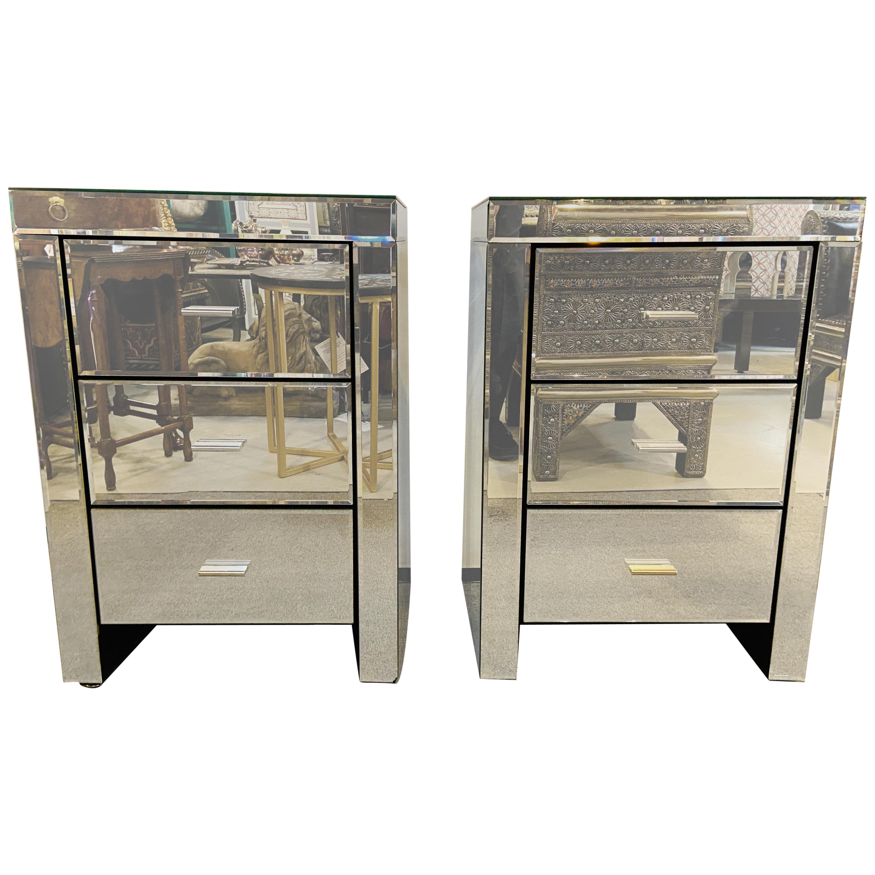 Pair of Three Drawers Beveled Mirror End Tables or Nightstands For Sale