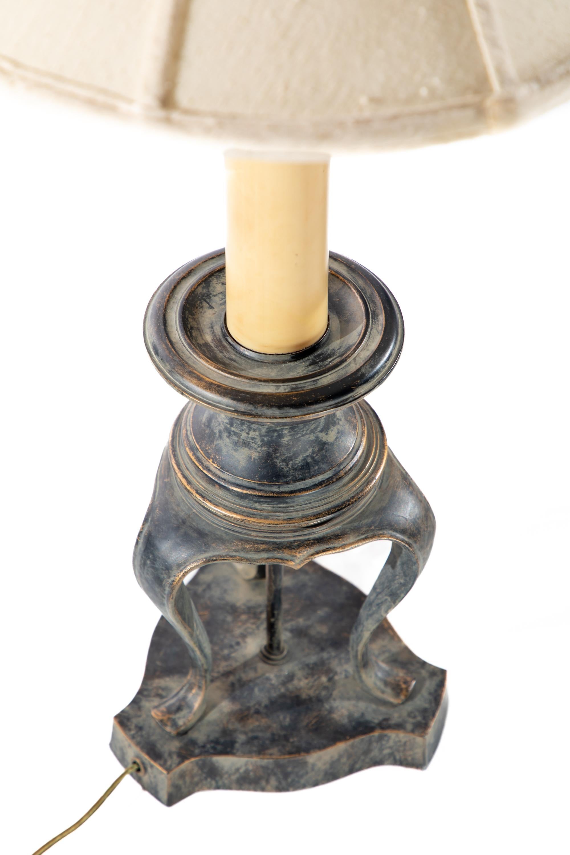 Pair of Three Footed Patinated Table Lamps with Shades In Good Condition For Sale In Dallas, TX