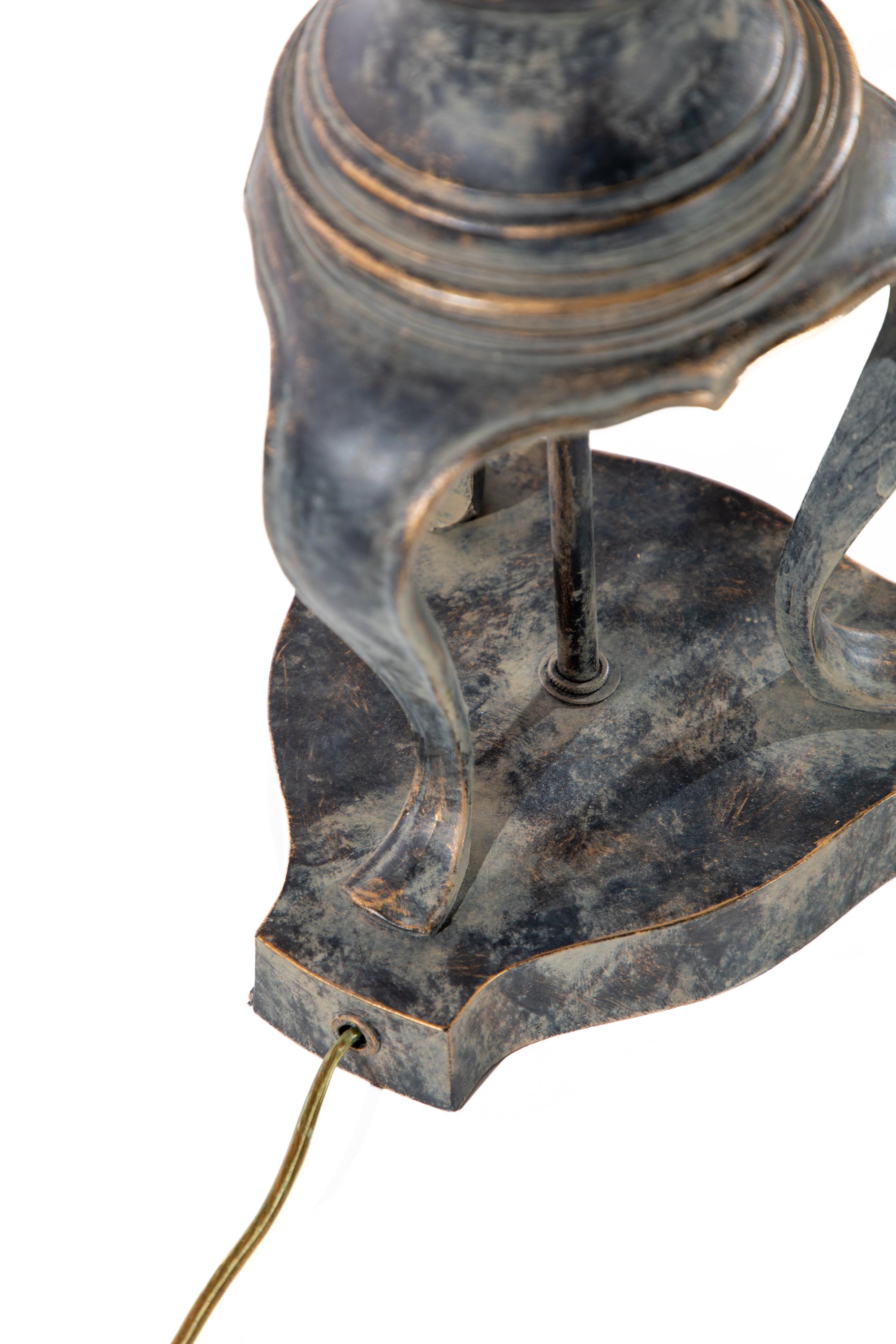 19th Century Pair of Three Footed Patinated Table Lamps with Shades For Sale