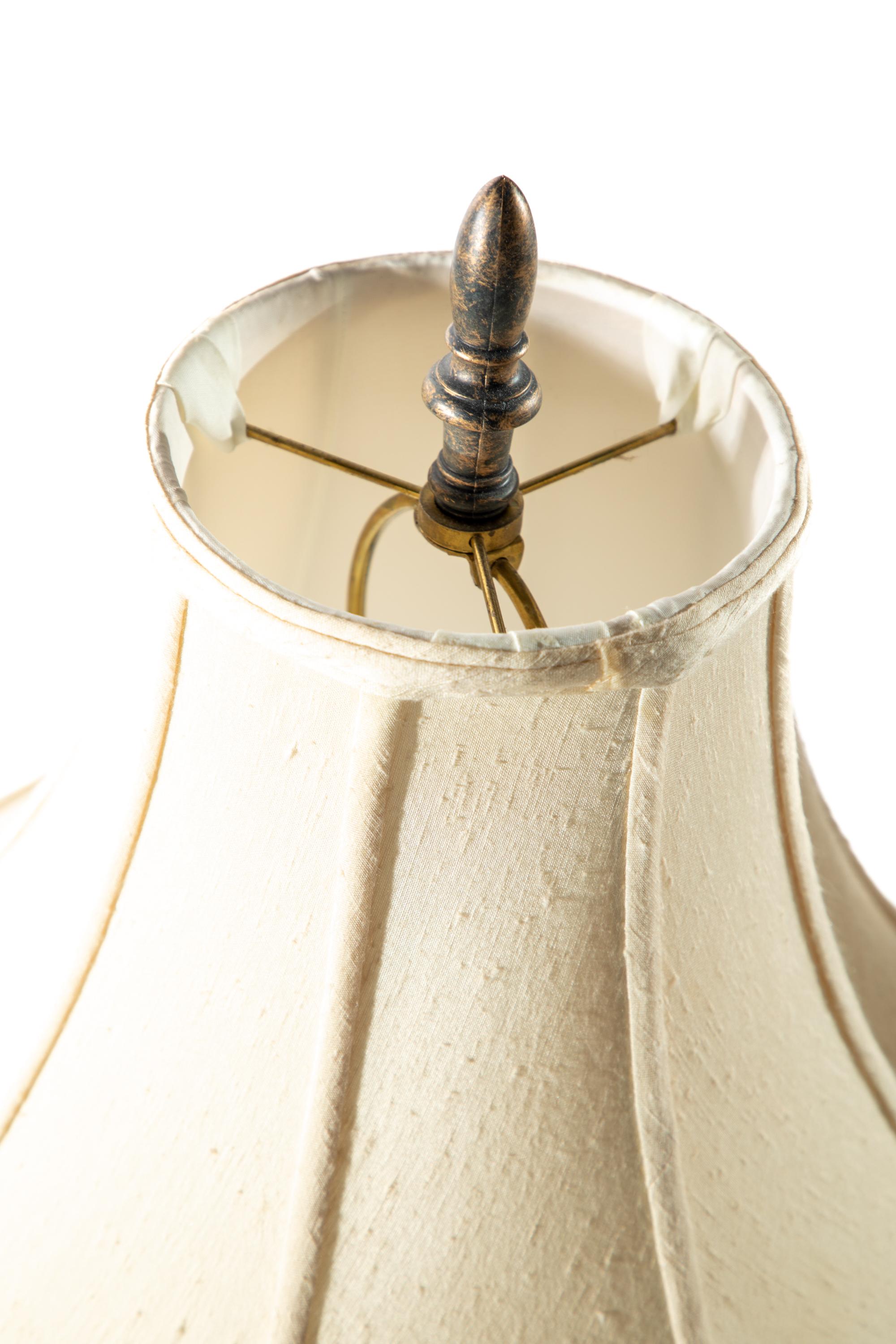 Metal Pair of Three Footed Patinated Table Lamps with Shades For Sale