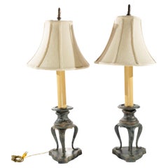 Pair of Three Footed Patinated Table Lamps with Shades