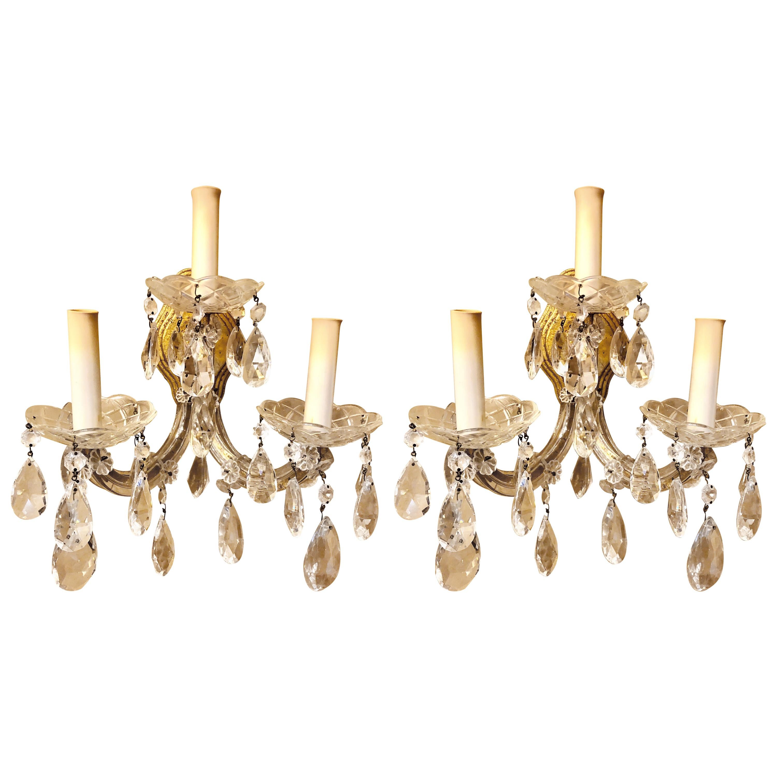 Pair of Three Light Crystal Candelabra Wall Sconces on Giltwood