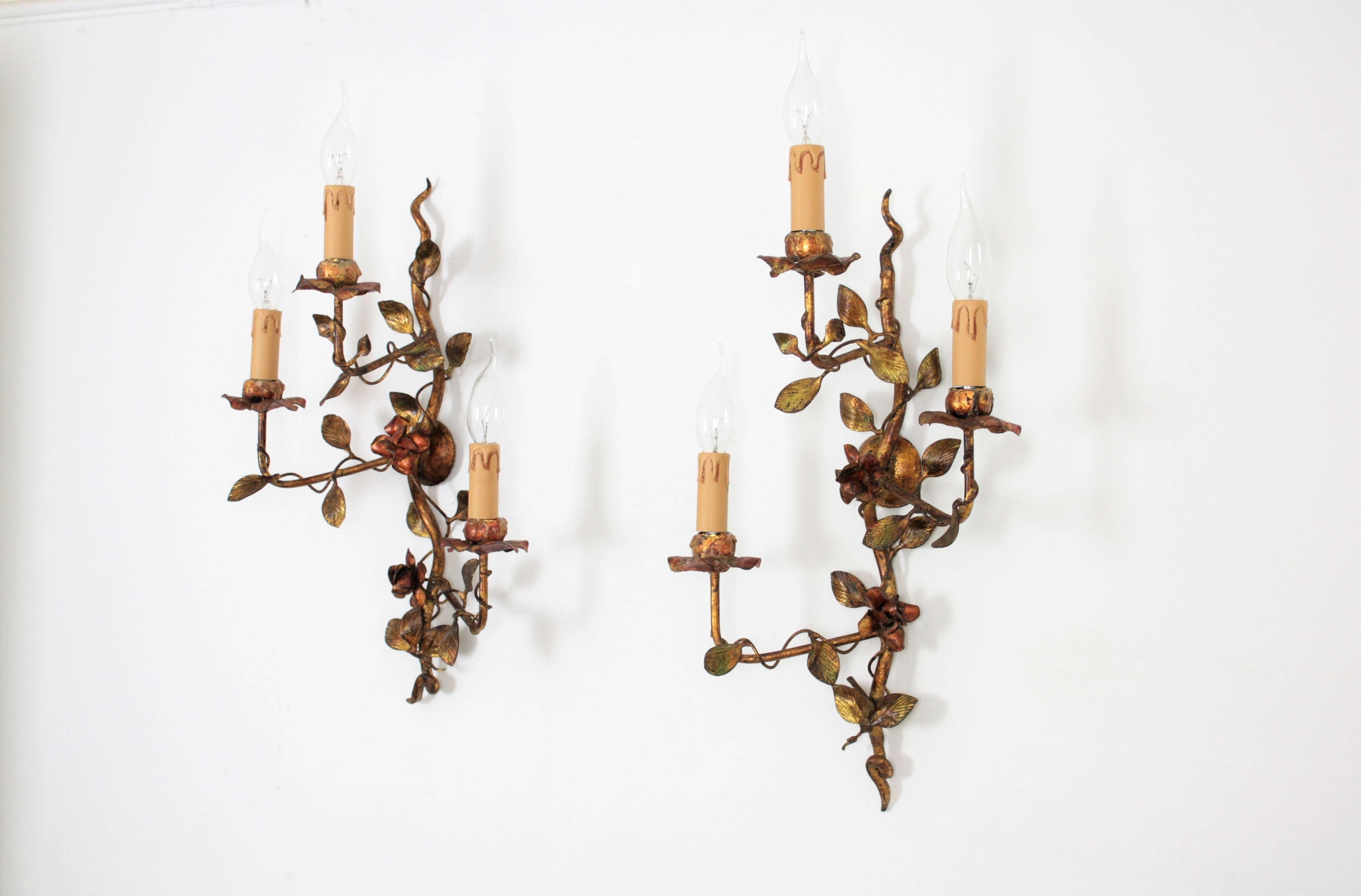 Gold Leaf Pair of Foliage Floral Tole Wall Sconces in Polychromed Gilt Iron For Sale