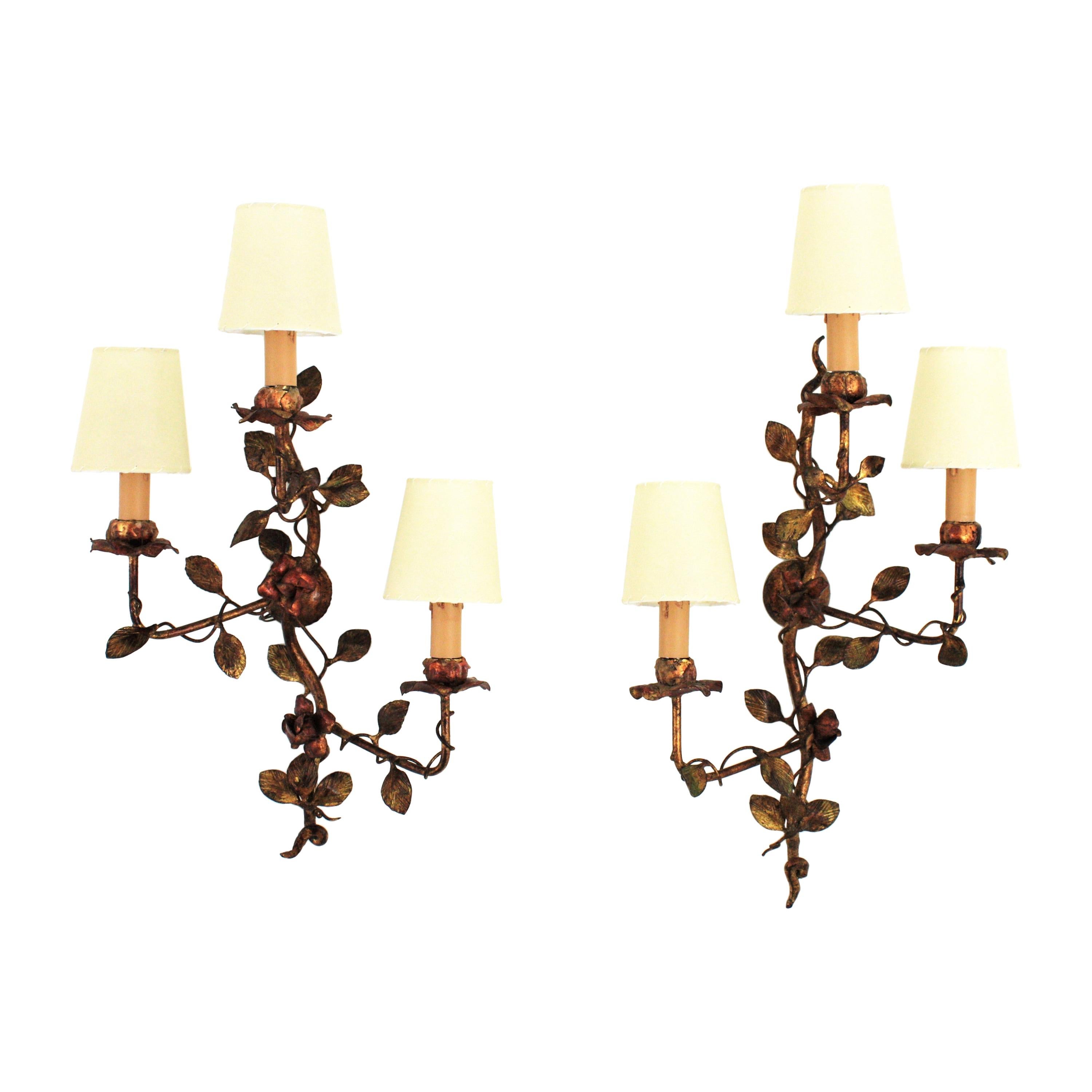 Pair of Foliage Floral Tole Wall Sconces in Polychromed Gilt Iron