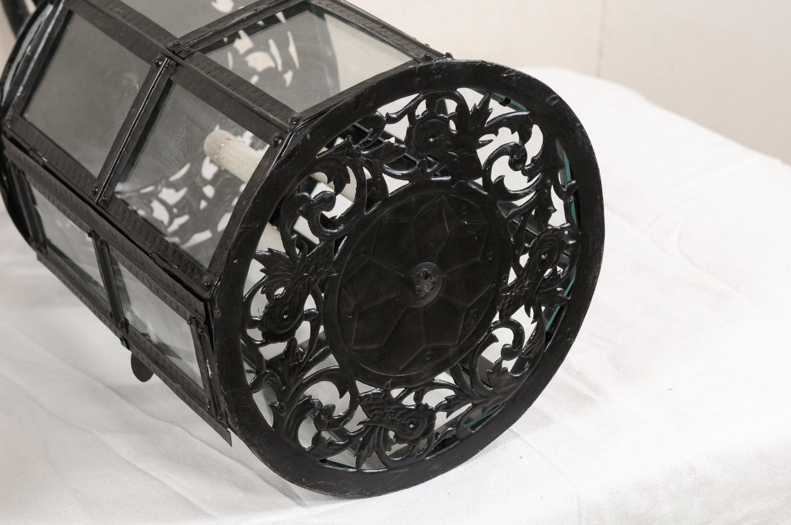 Pair of Three-Light Moroccan-Inspired European Lanterns in Black Color w/Glass For Sale 4