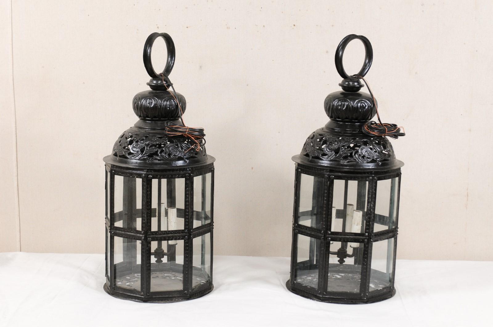 Pair of Three-Light Moroccan-Inspired European Lanterns in Black Color w/Glass In Good Condition For Sale In Atlanta, GA