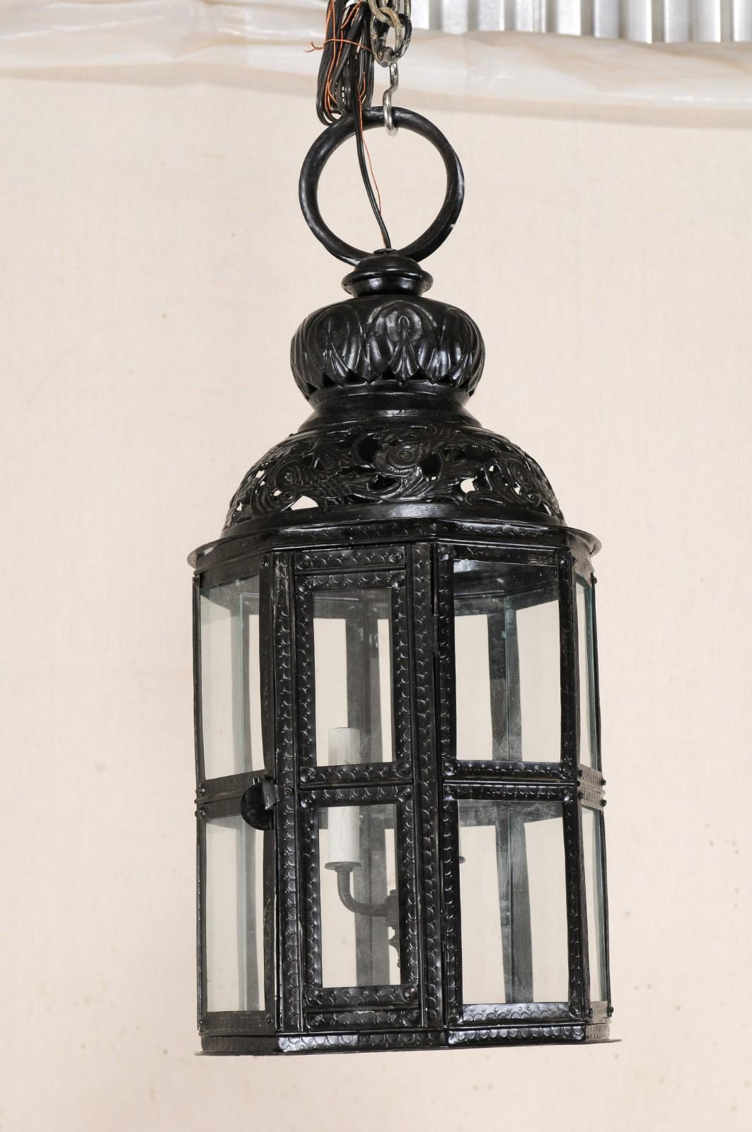 Contemporary Pair of Three-Light Moroccan-Inspired European Lanterns in Black Color w/Glass For Sale