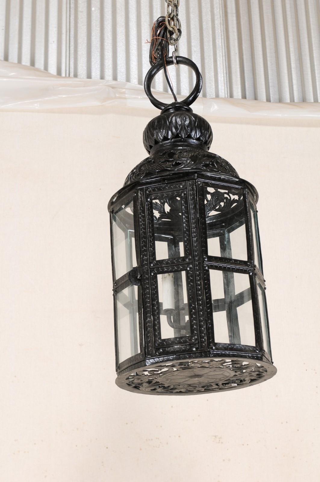 Pair of Three-Light Moroccan-Inspired European Lanterns in Black Color w/Glass For Sale 1