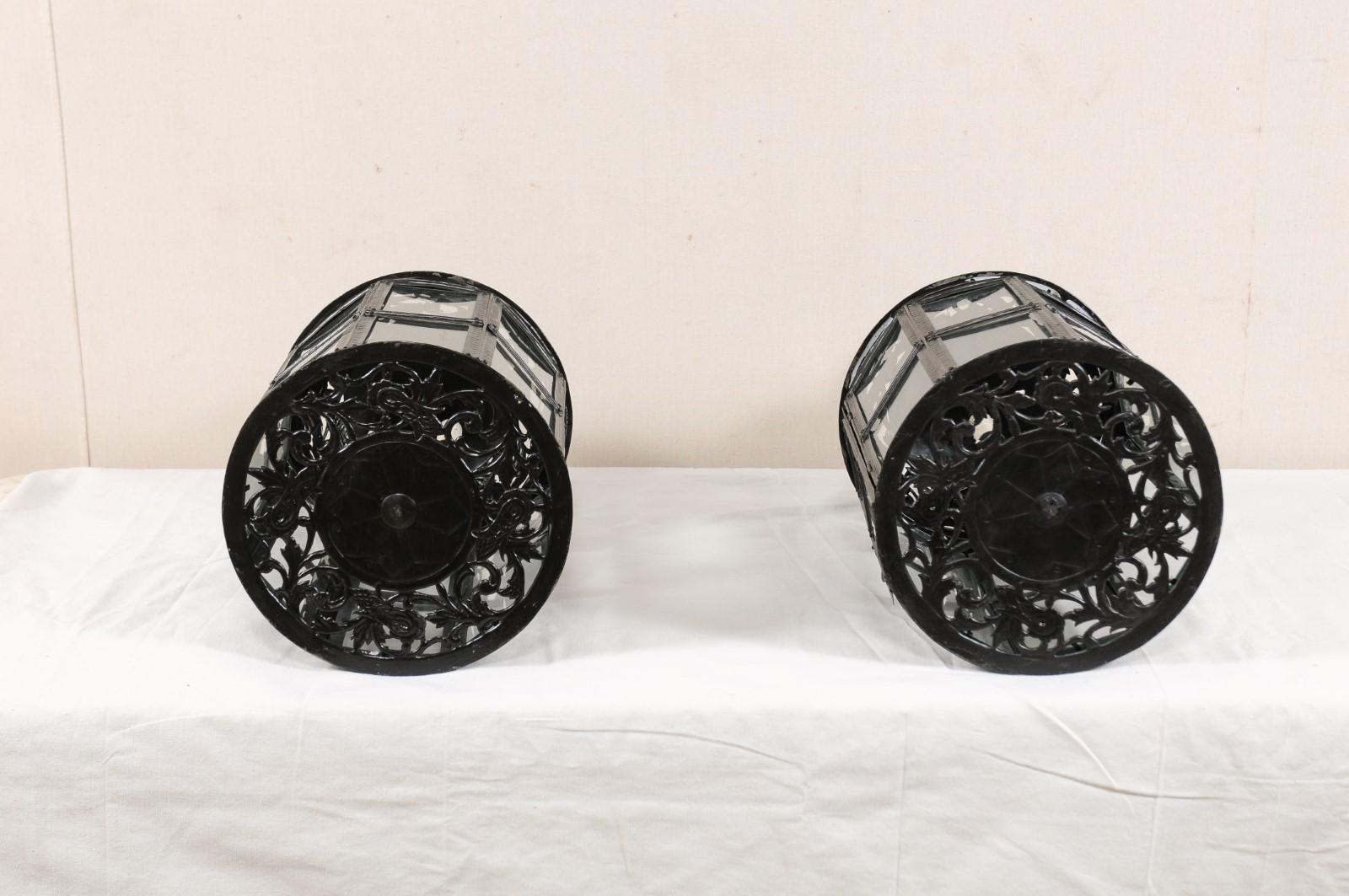 Pair of Three-Light Moroccan-Inspired European Lanterns in Black Color w/Glass For Sale 3