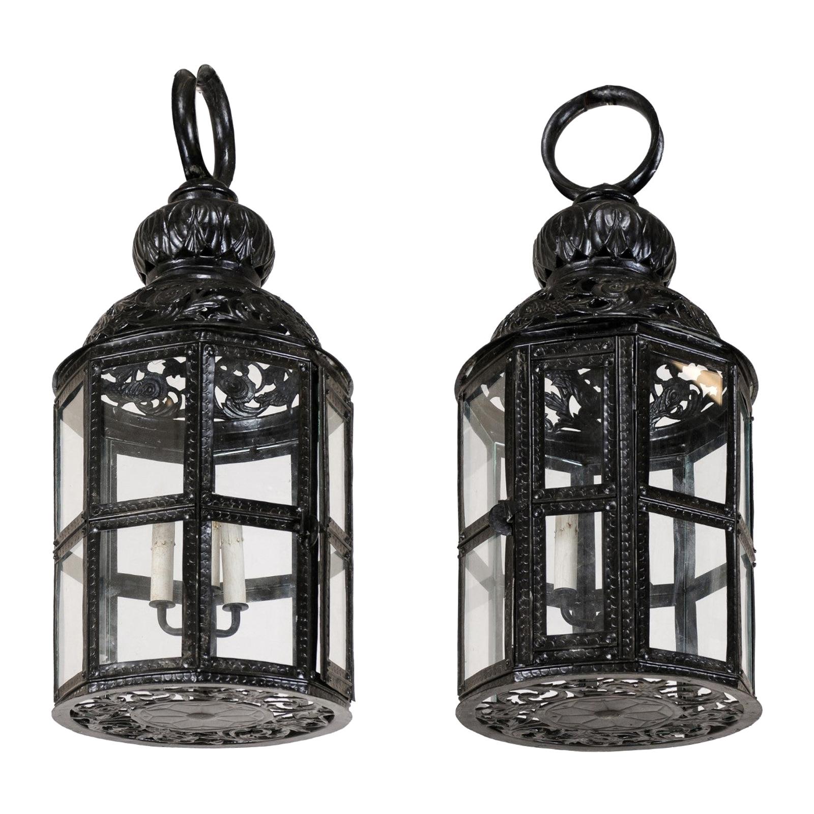 Pair of Three-Light Moroccan-Inspired European Lanterns in Black Color w/Glass For Sale