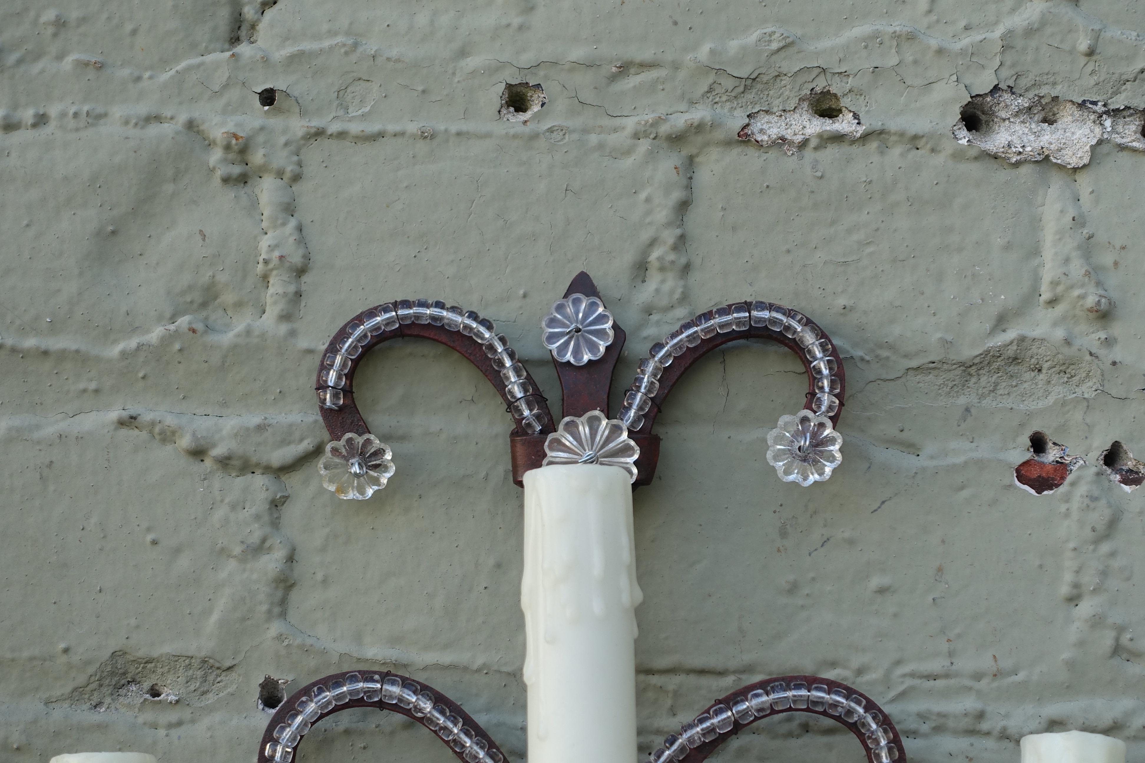 Baroque Pair of Three-Light Rock Crystal Iron Sconces For Sale