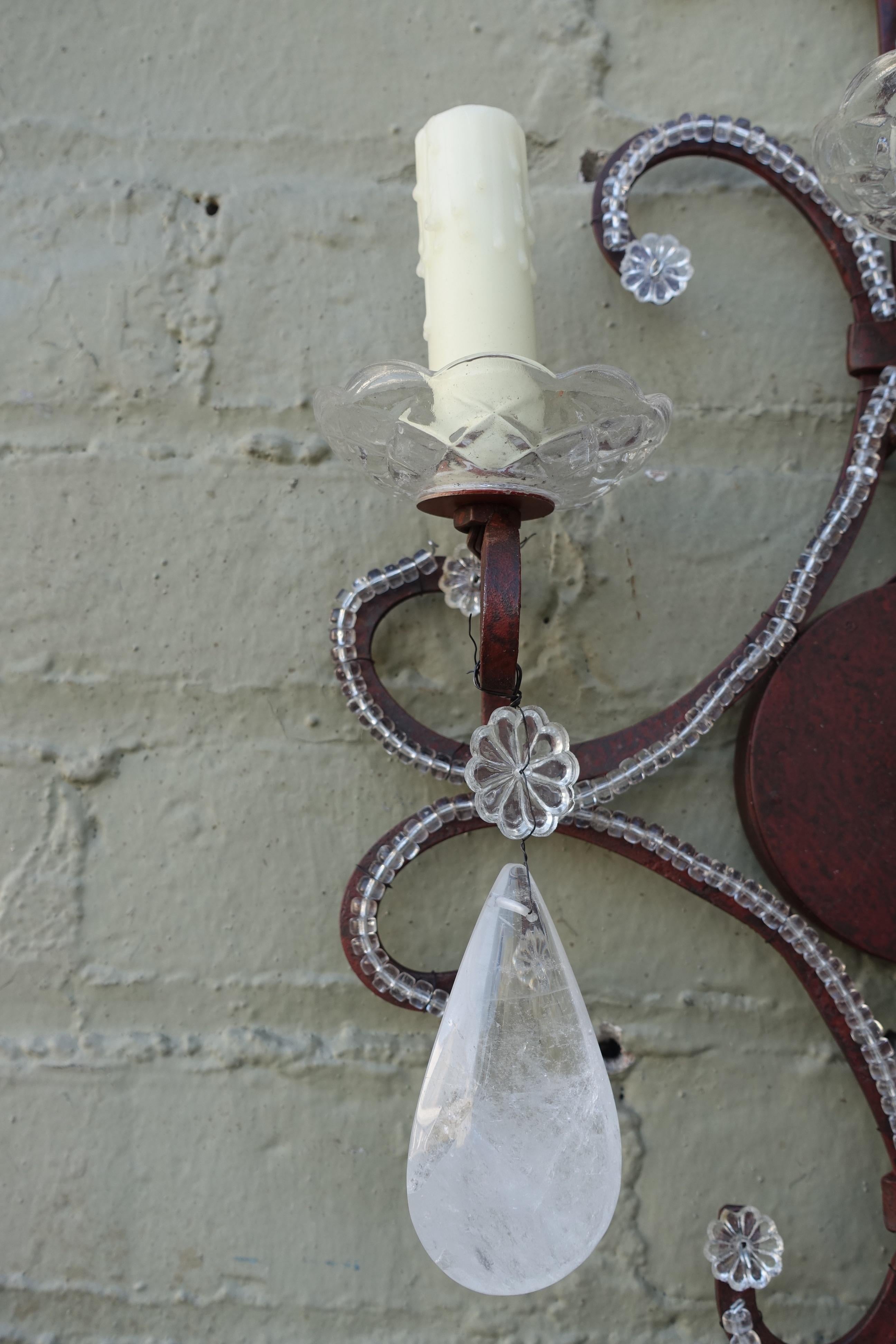 Pair of Three-Light Rock Crystal Iron Sconces In Distressed Condition For Sale In Los Angeles, CA