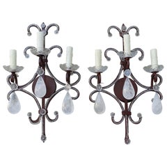 Pair of Three-Light Rock Crystal Iron Sconces