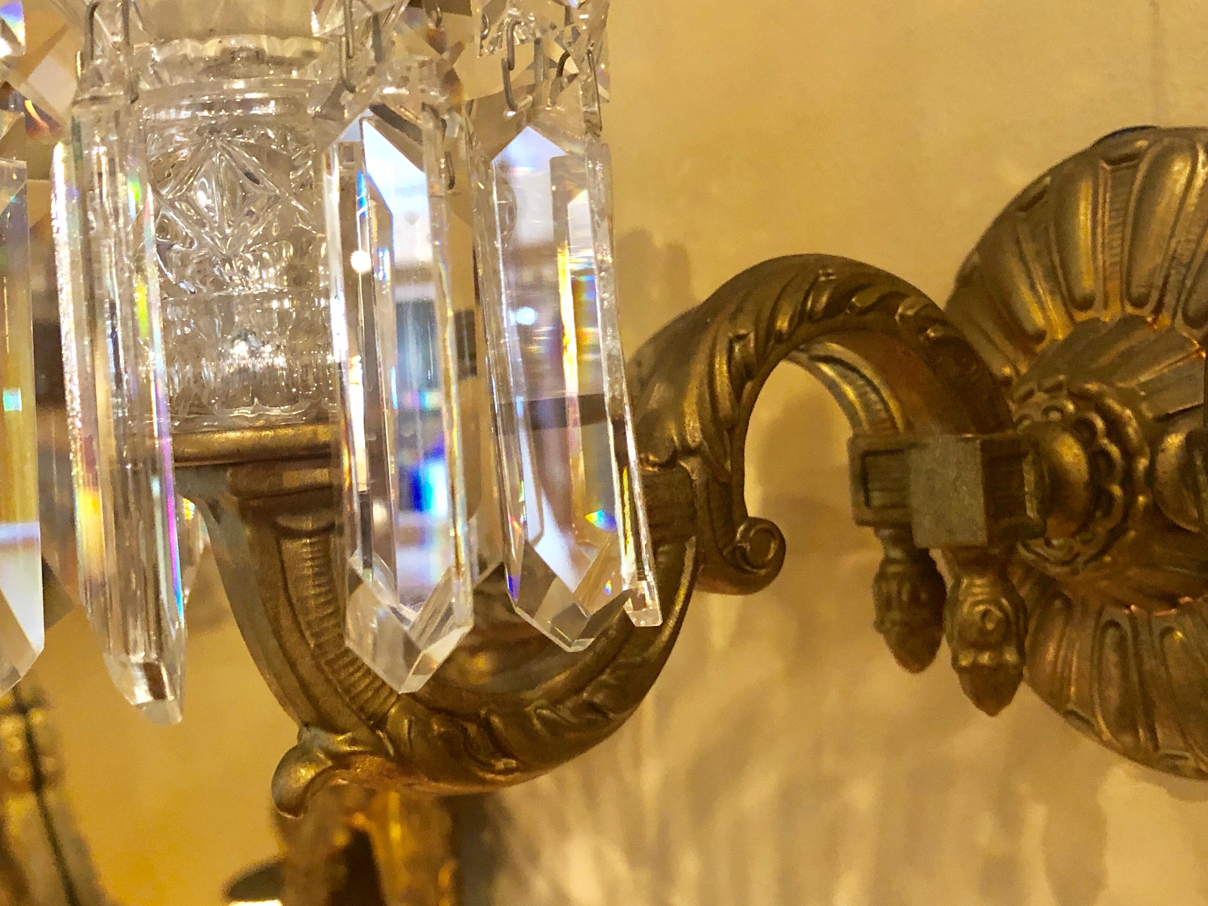 Pair of Three-Light Solid Brass Sconces Hand Cut Crystals by Schonbek 5