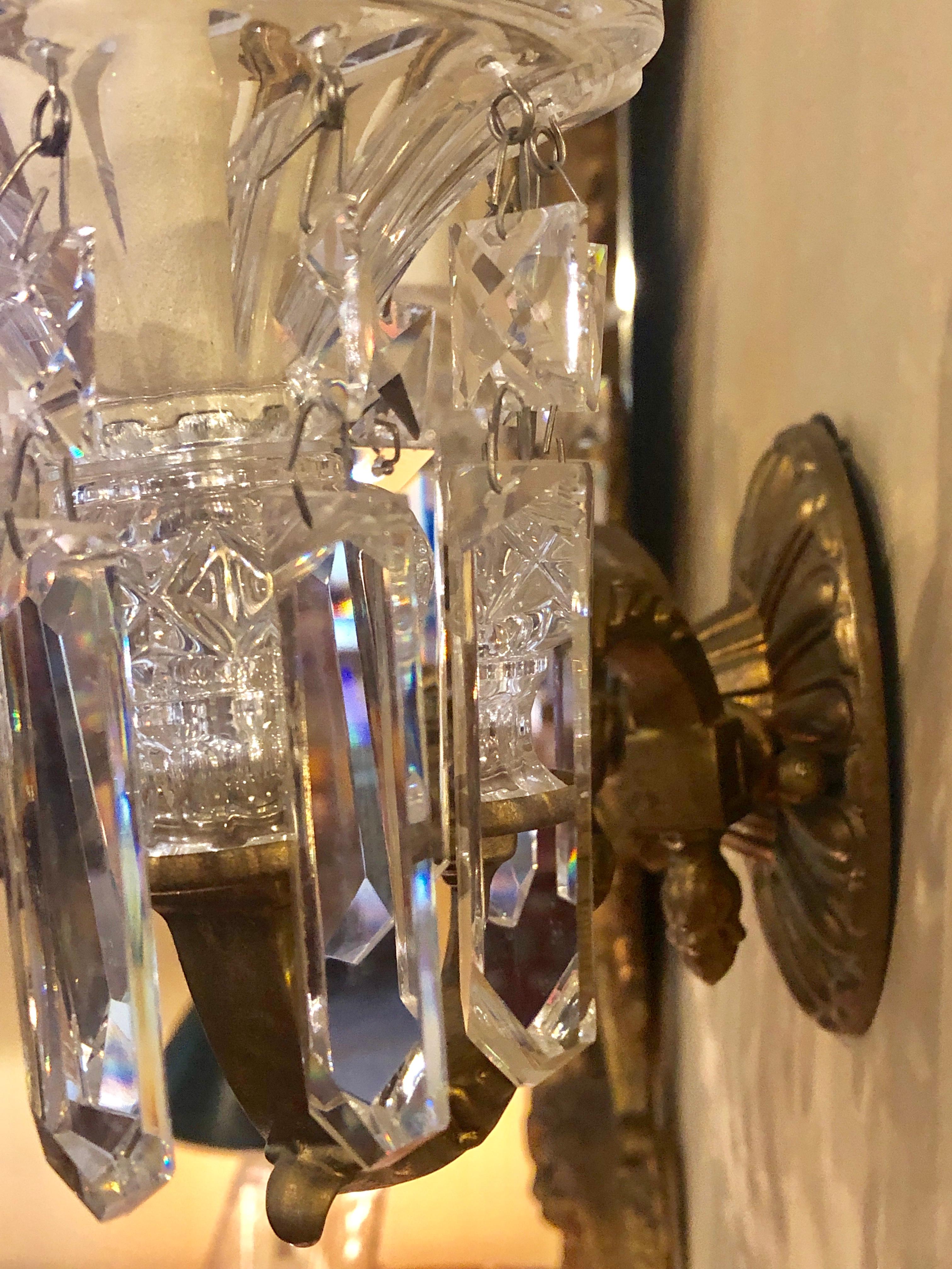 Pair of Three-Light Solid Brass Sconces Hand Cut Crystals by Schonbek 6