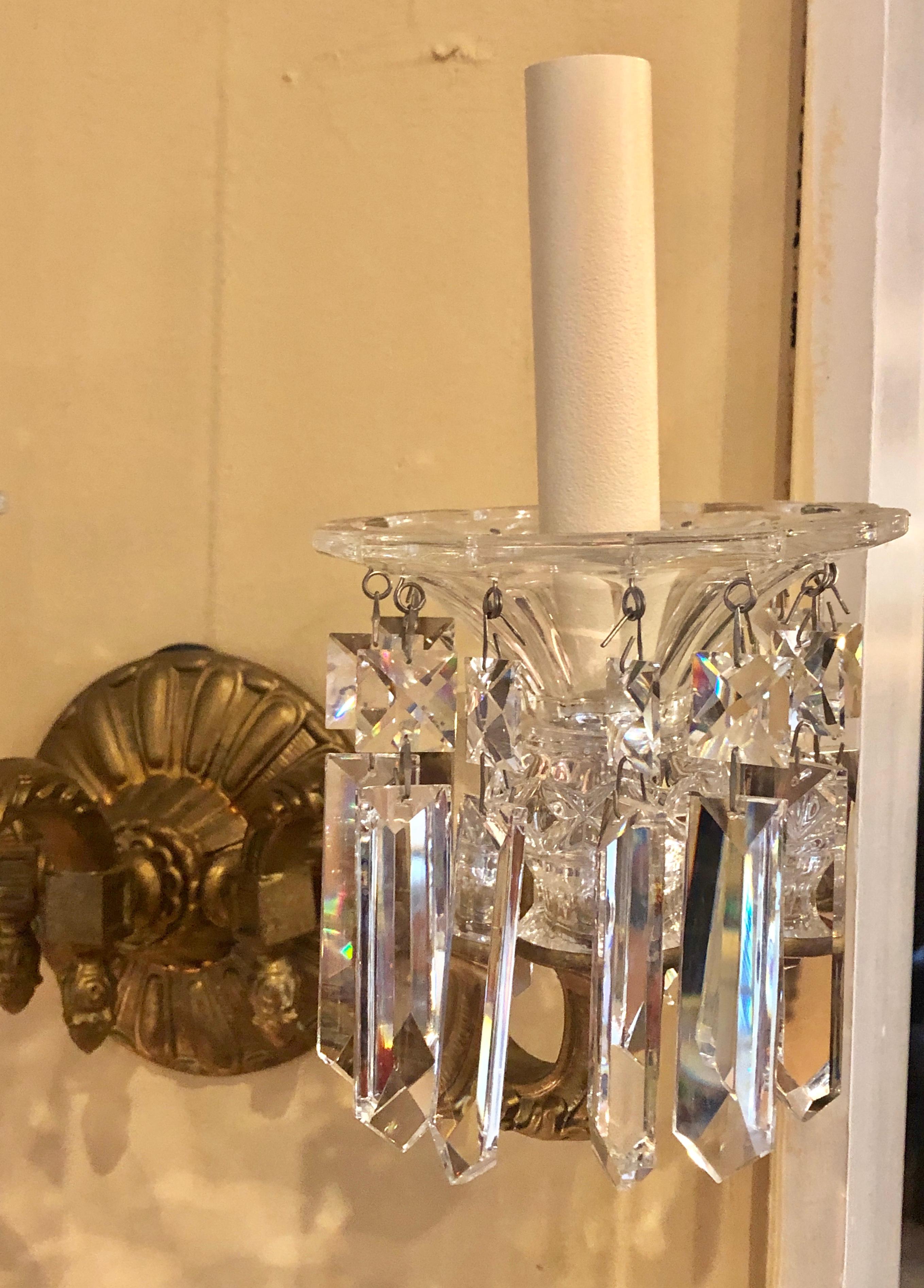 Pair of Three-Light Solid Brass Sconces Hand Cut Crystals by Schonbek In Good Condition In Stamford, CT