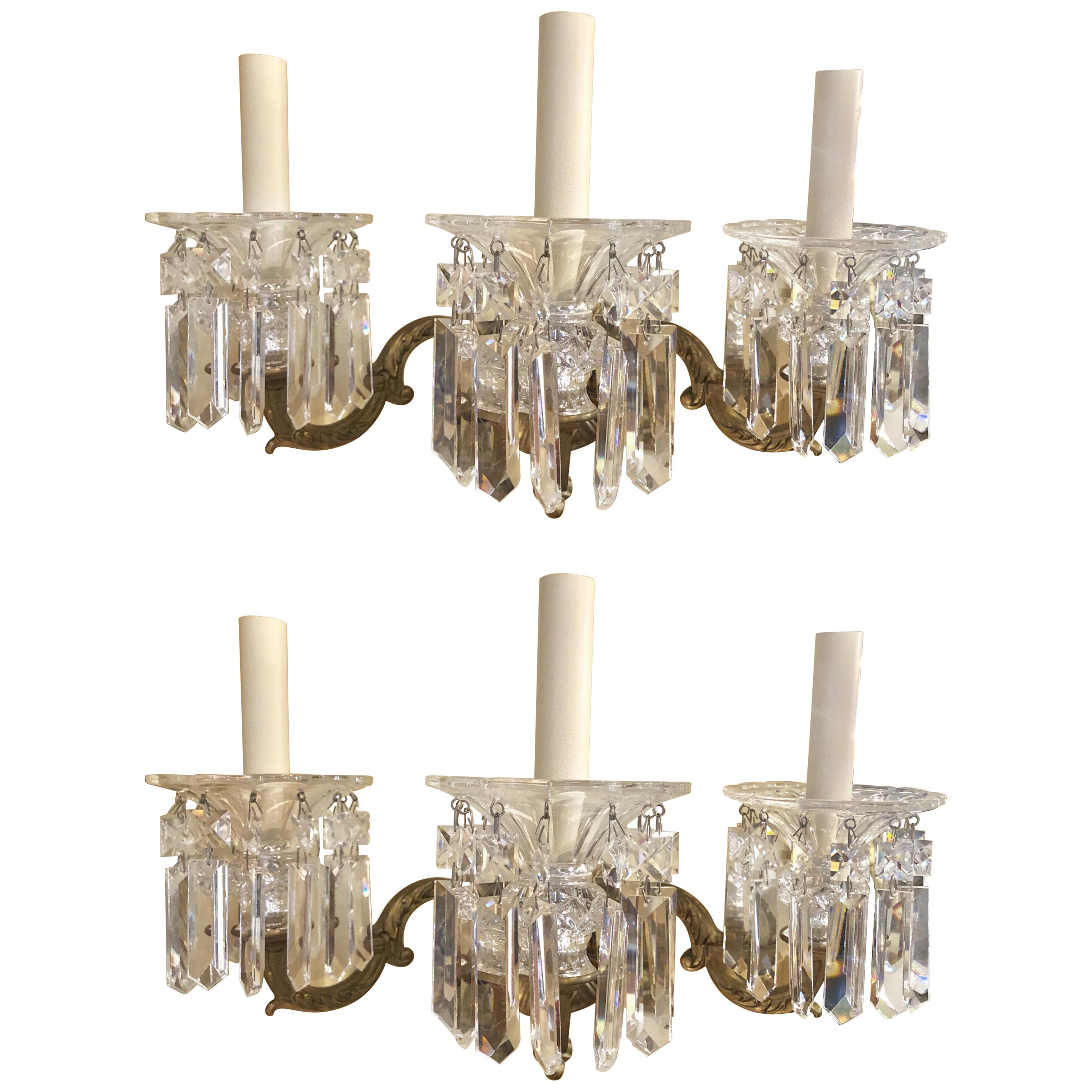 Pair of Three-Light Solid Brass Sconces Hand Cut Crystals by Schonbek