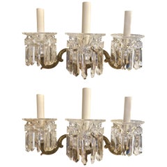 Pair of Three-Light Solid Brass Sconces Hand Cut Crystals by Schonbek