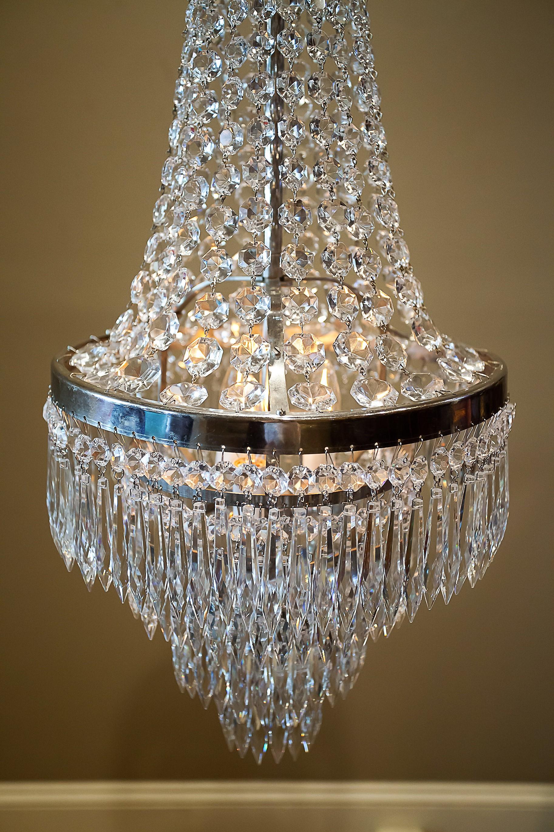 European Pair of Three-Light Tent-and-Cascade Chandeliers, circa 1935 For Sale