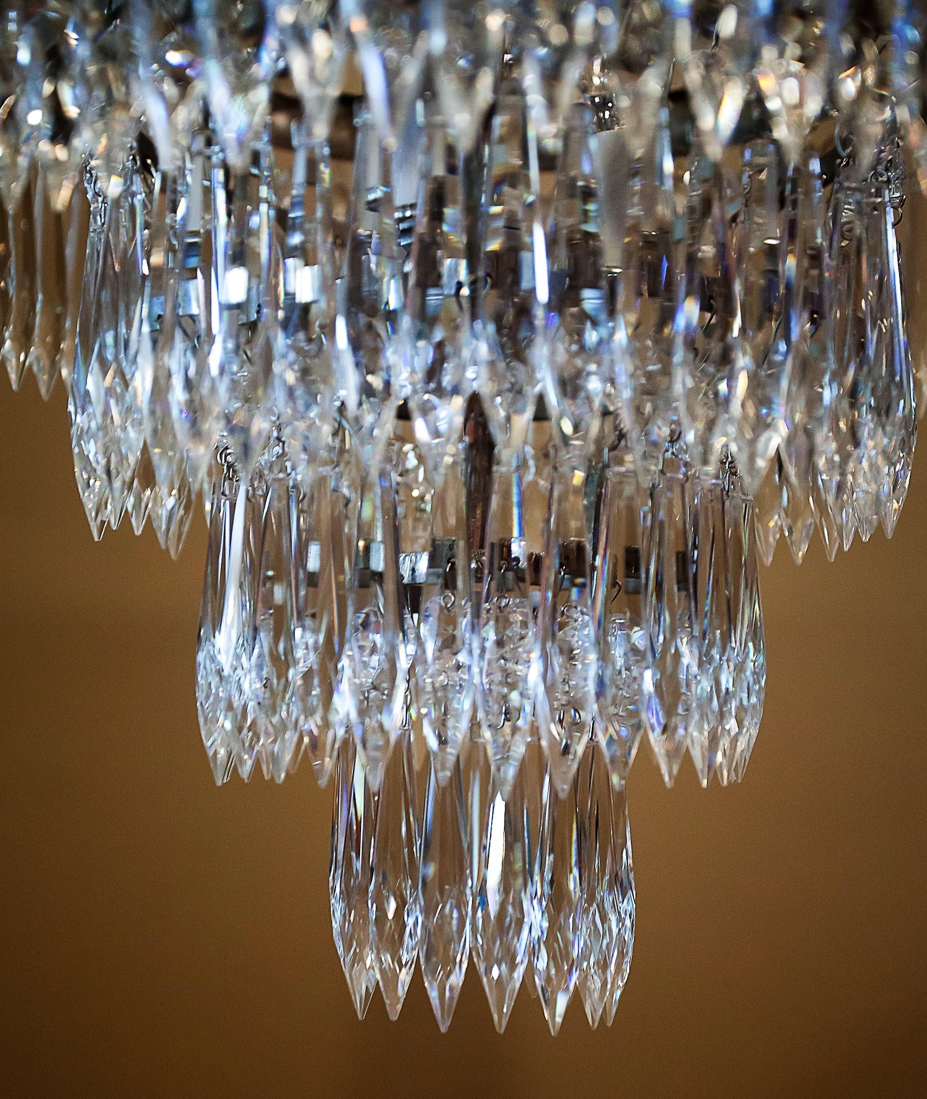 Pair of Three-Light Tent-and-Cascade Chandeliers, circa 1935 For Sale 1