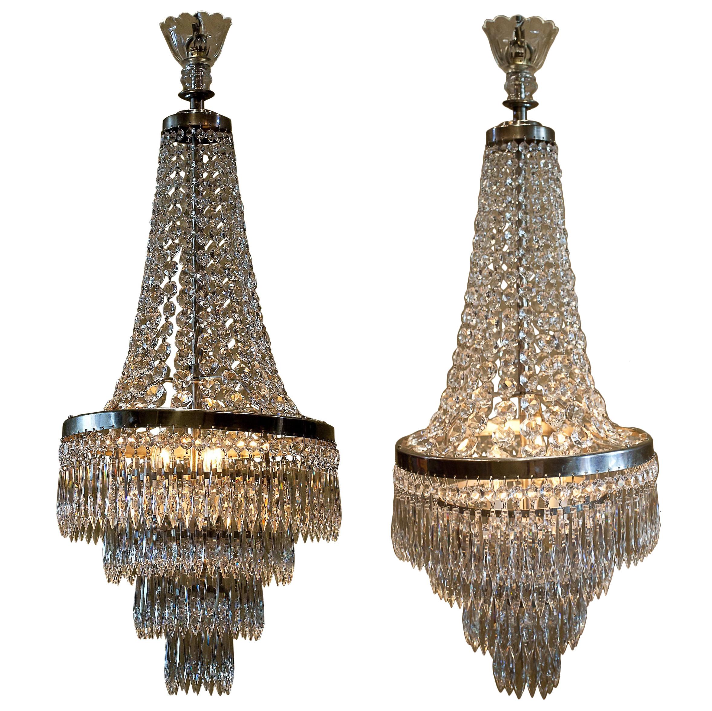 Pair of Three-Light Tent-and-Cascade Chandeliers, circa 1935 For Sale