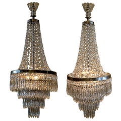 Pair of Three-Light Tent-and-Cascade Chandeliers, circa 1935