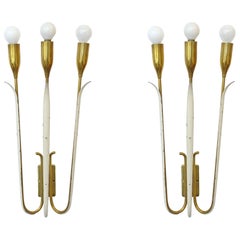 Pair of Three Lights Floreal Wall Lamps in Brass and Lacquer, Italy 1940s