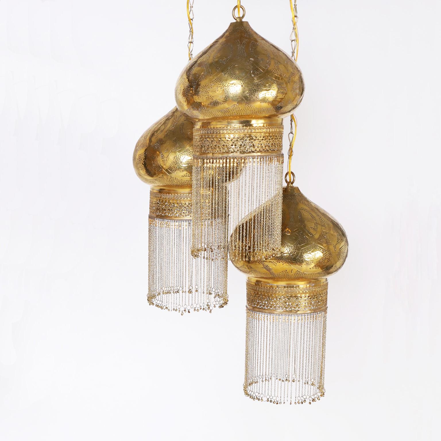 Moorish Pair of Three Orientalist Light Brass Light Fixtures or Chandeliers