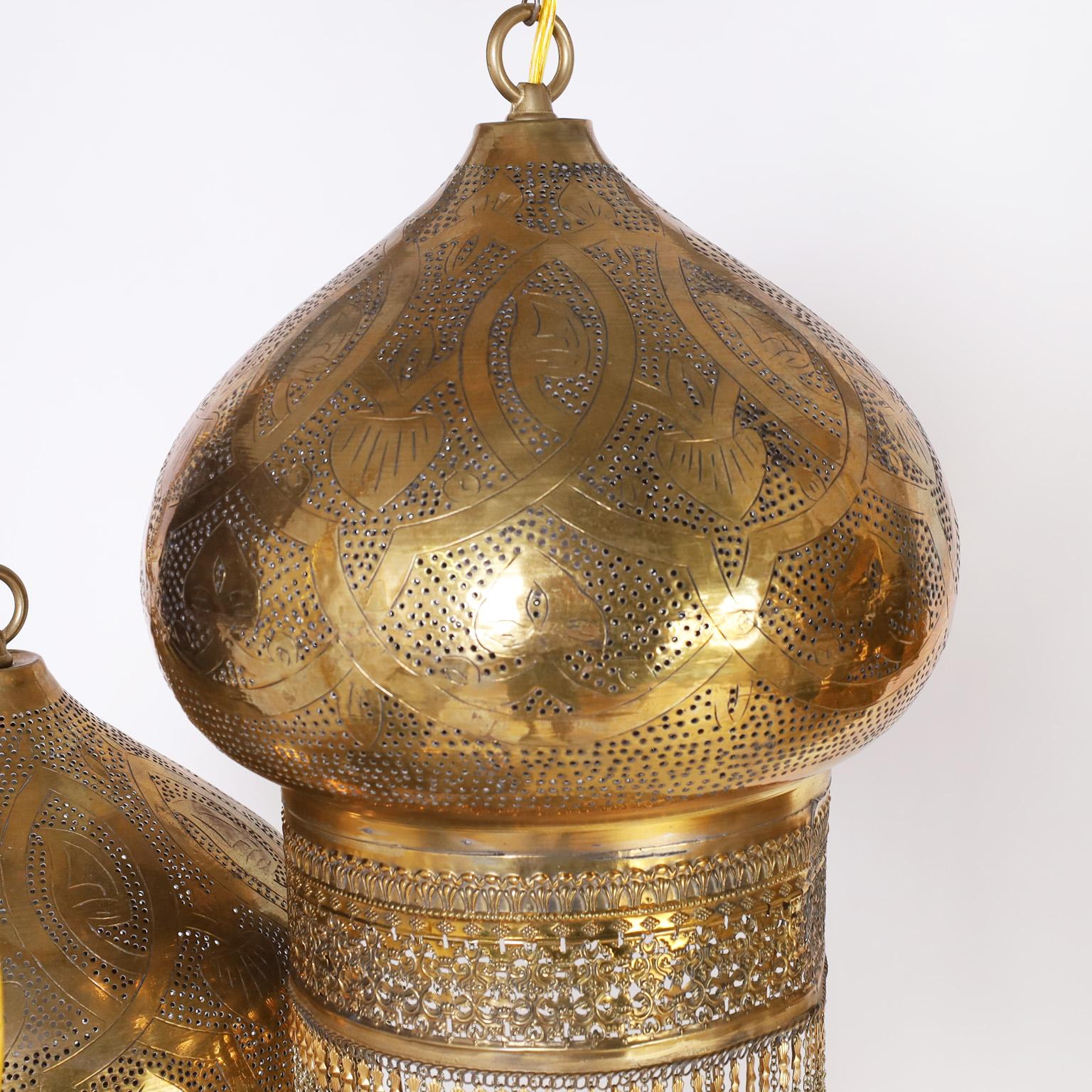 Moroccan Pair of Three Orientalist Light Brass Light Fixtures or Chandeliers