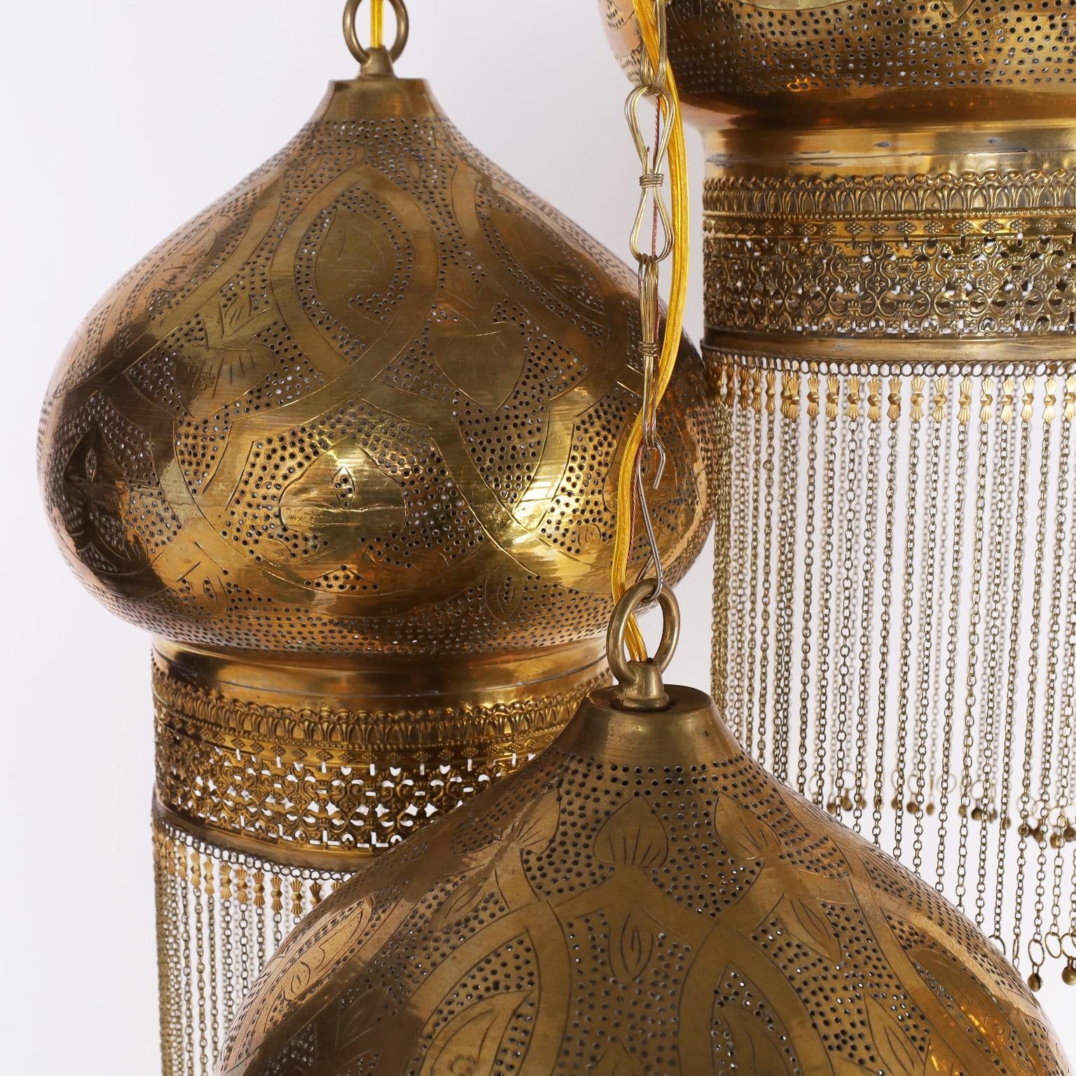 Polished Pair of Three Orientalist Light Brass Light Fixtures or Chandeliers
