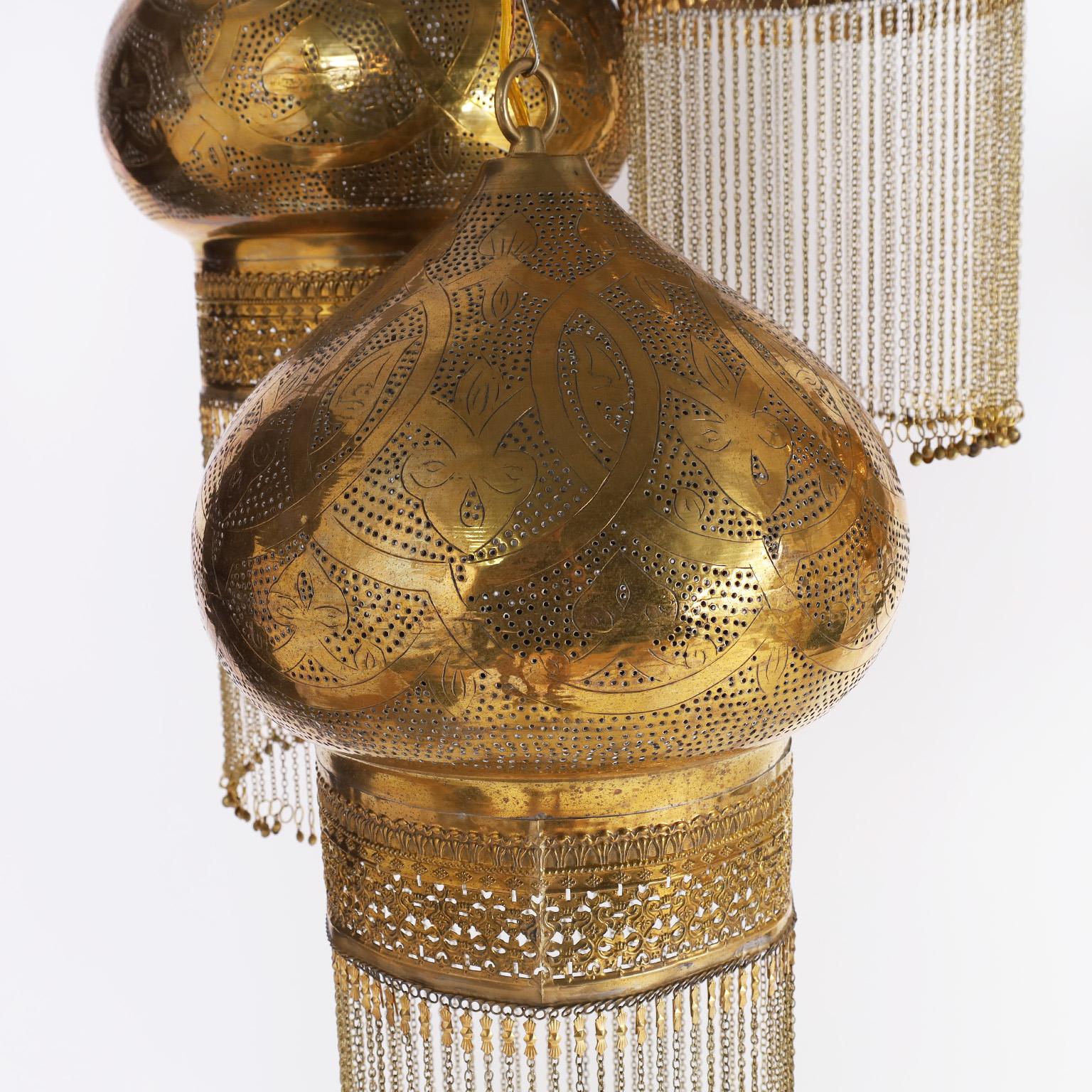 Pair of Three Orientalist Light Brass Light Fixtures or Chandeliers In Good Condition In Palm Beach, FL