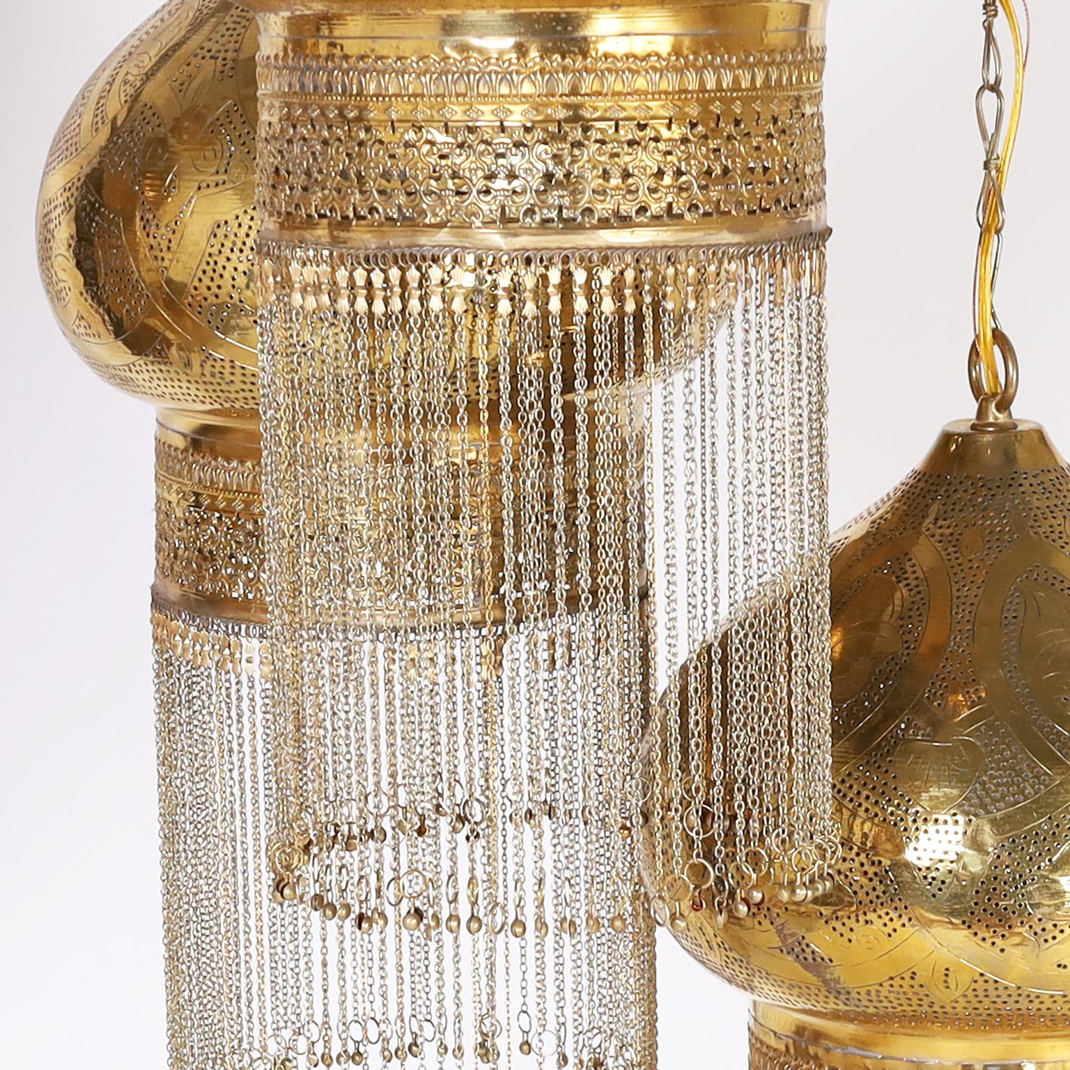 20th Century Pair of Three Orientalist Light Brass Light Fixtures or Chandeliers