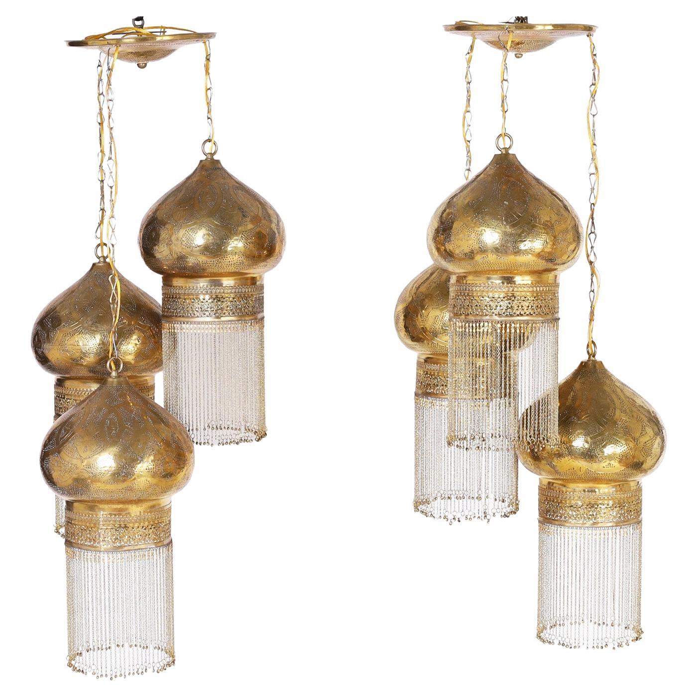Pair of Three Orientalist Light Brass Light Fixtures or Chandeliers