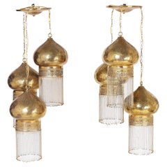 Pair of Three Orientalist Light Brass Light Fixtures or Chandeliers