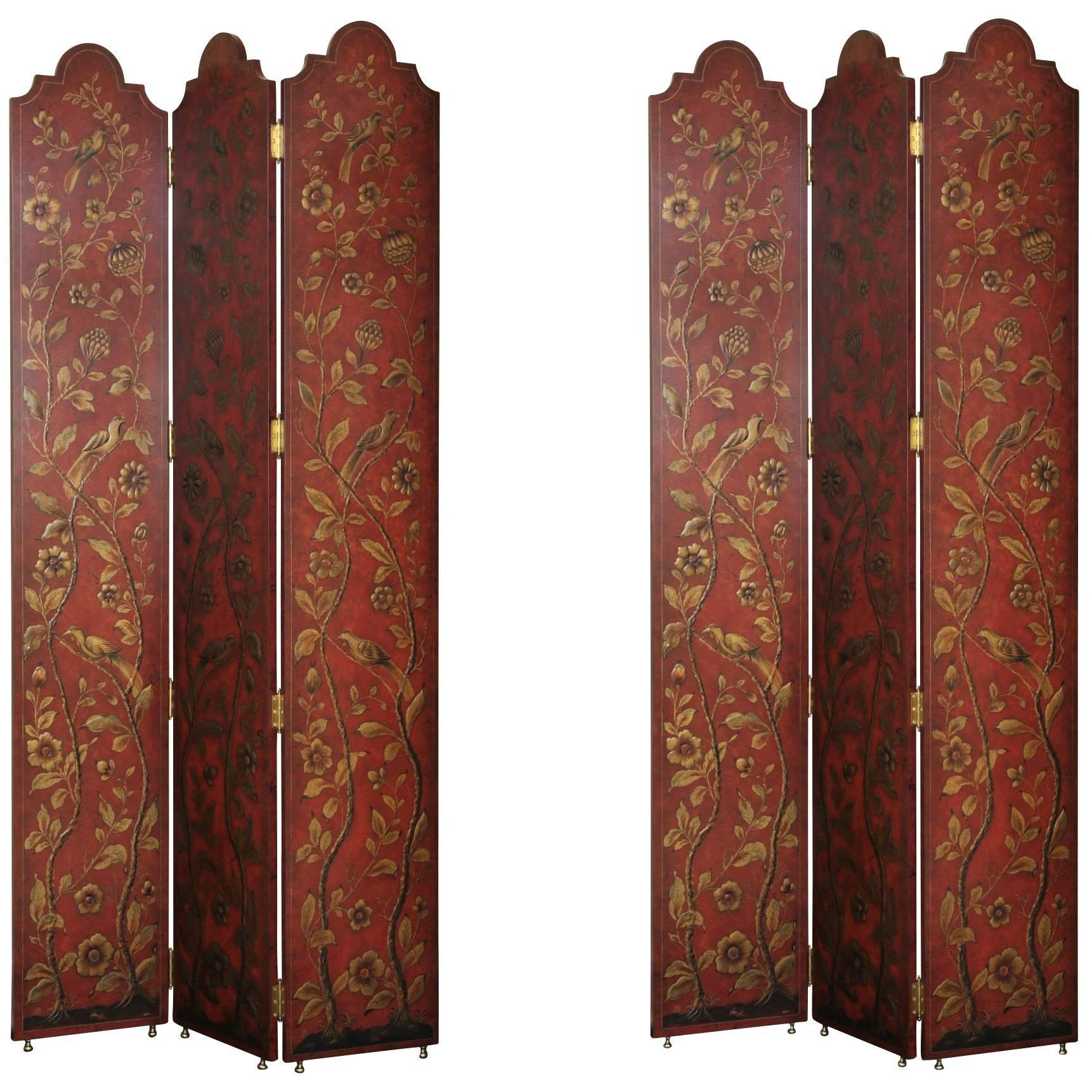 Pair of Three Panel Ox Blood Painted Screens