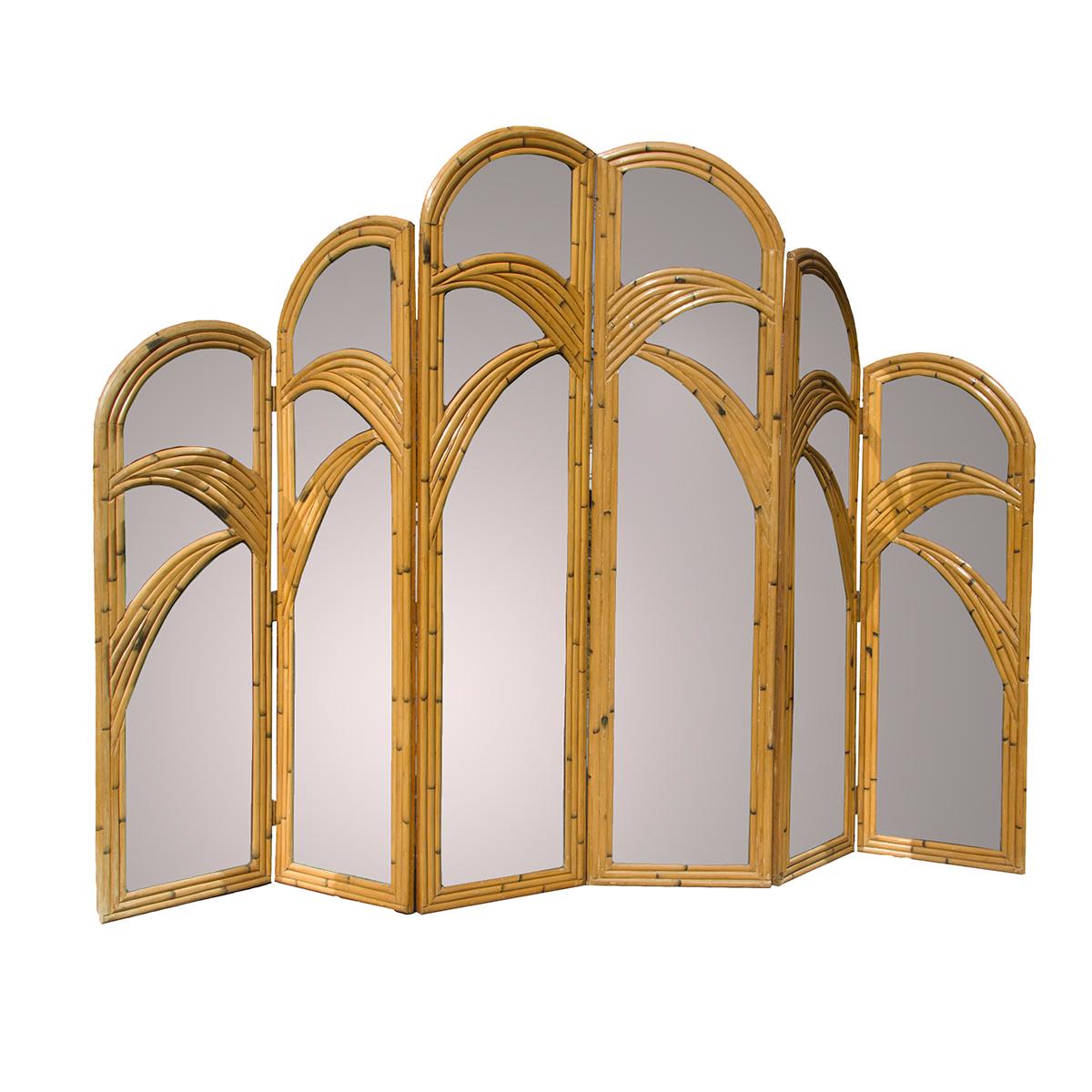 Pair of three panel rattan mirrored screens
Six panels total for the pair
Each panel is 18