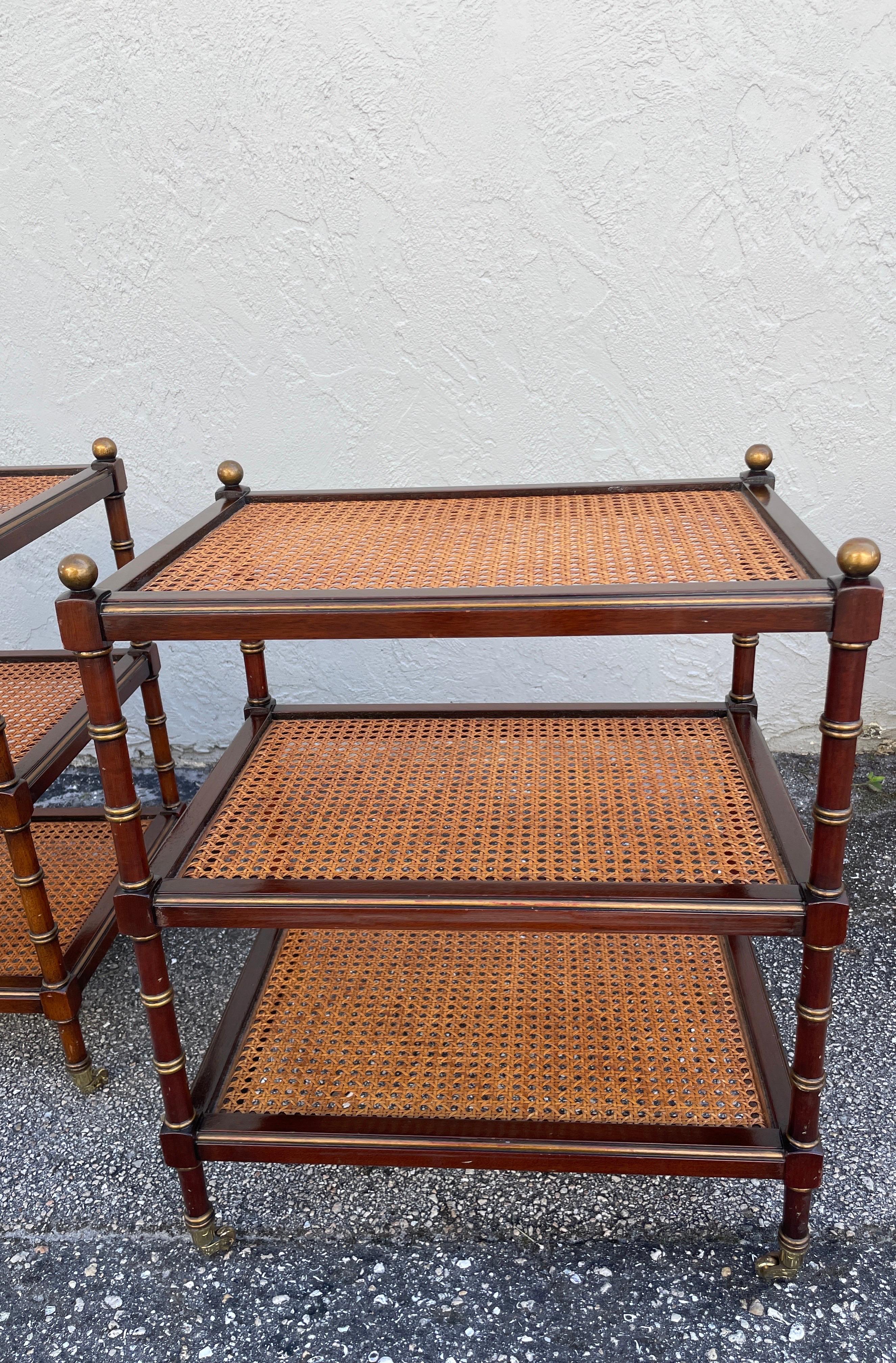 Pair of Three Tier Caned Faux Bamboo Side Tables on Casters 1