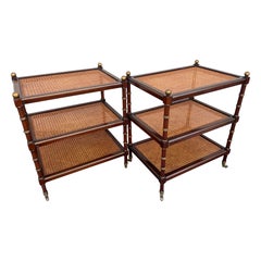 Pair of Three Tier Caned Faux Bamboo Side Tables on Casters