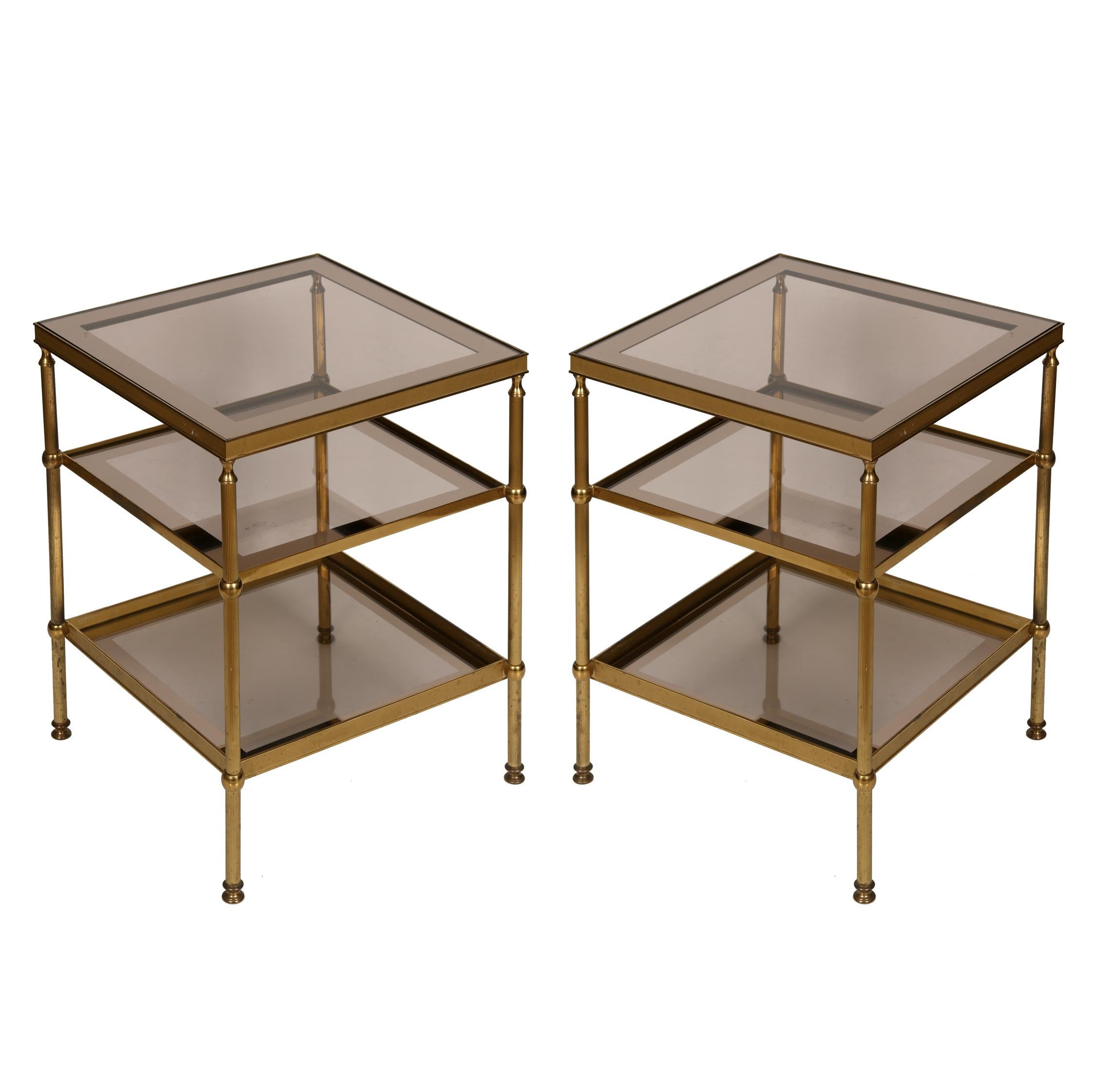 20th Century Pair of Three Tier French Brass and Glass Side Tables